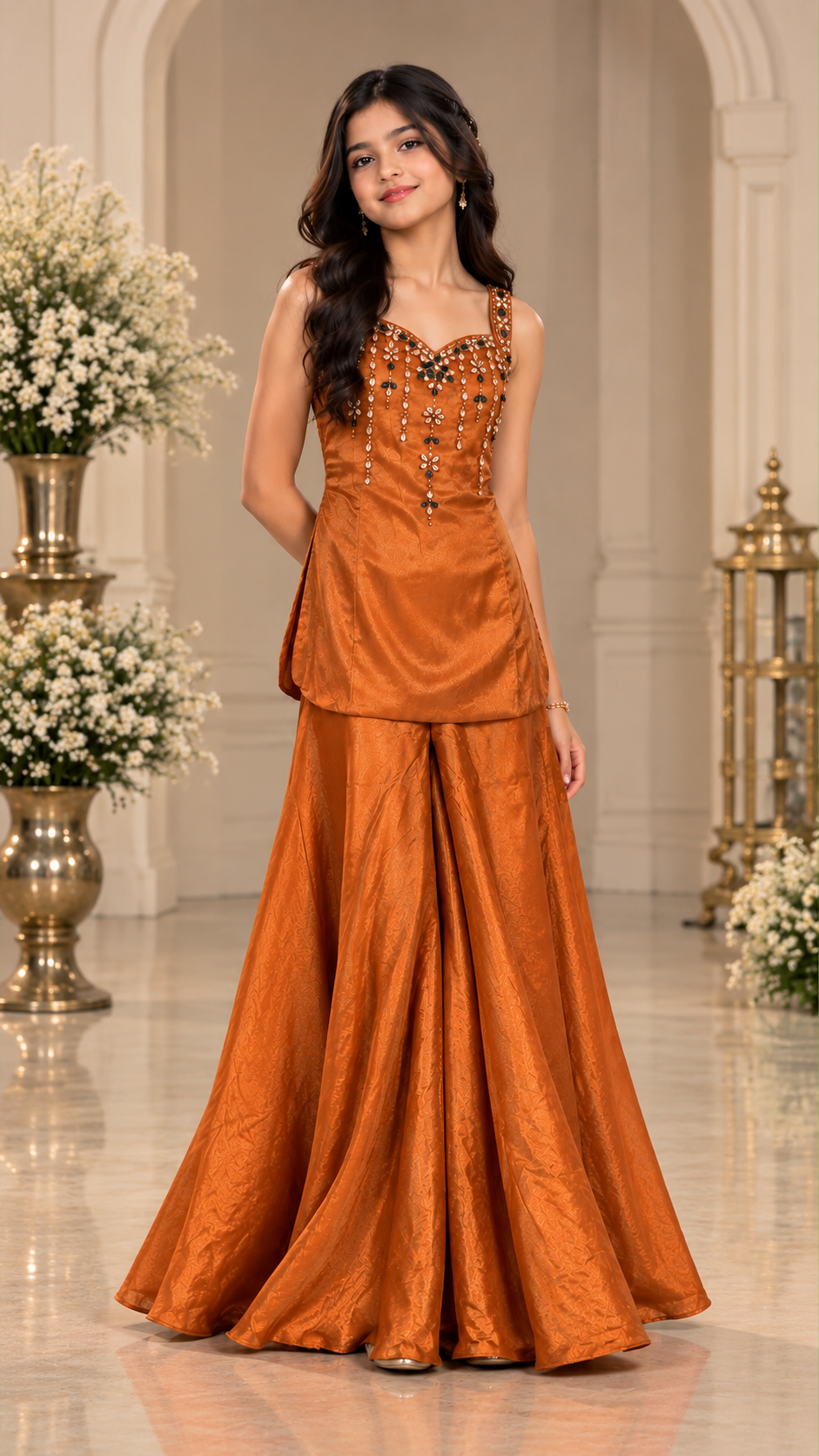 Rust Orange Embellished Palazzo Set - Mokshaa