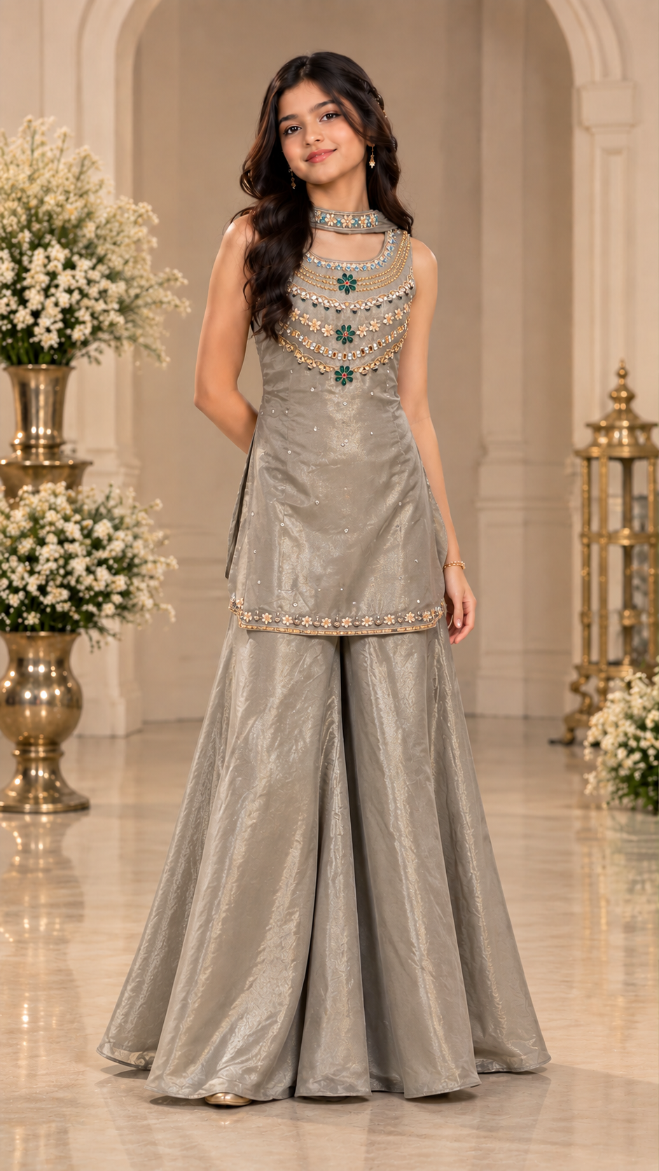 Silver Grey Embellished Palazzo Set - Mokshaa