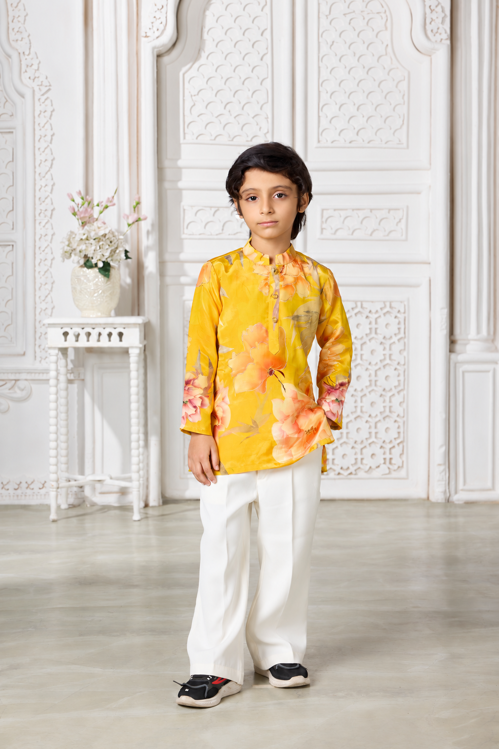 Yellow Floral Crepe Kurta Pyjama Set
