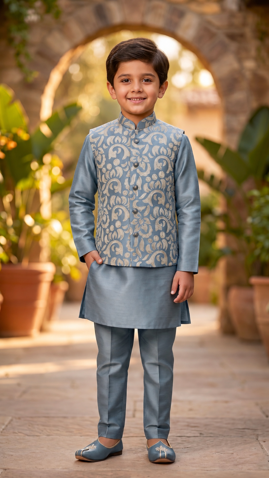 Blue Printed Bandi Kurta Pyjama Set