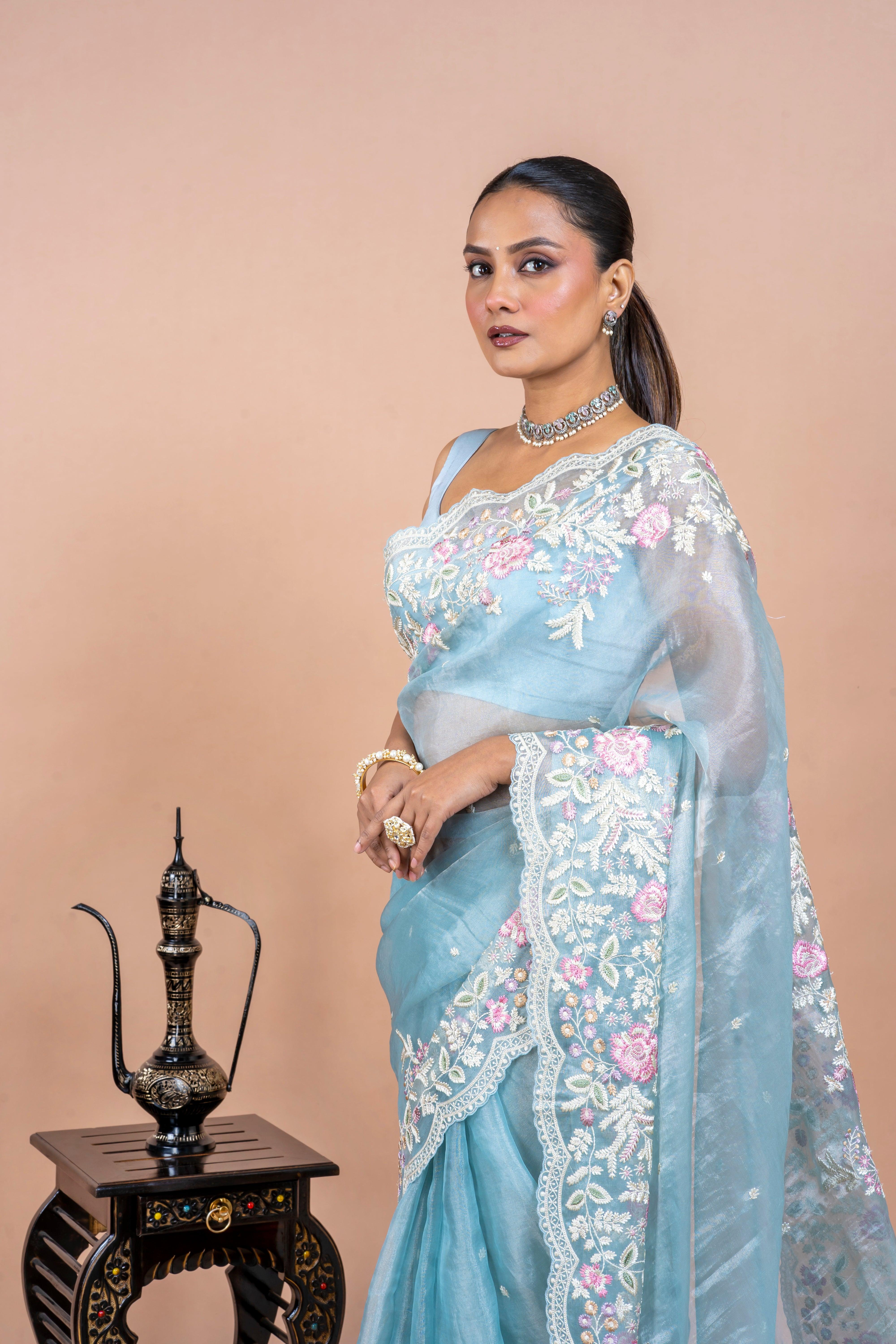 Powder Blue Tissue Organza Saree with Floral Embroidery Mokshaa