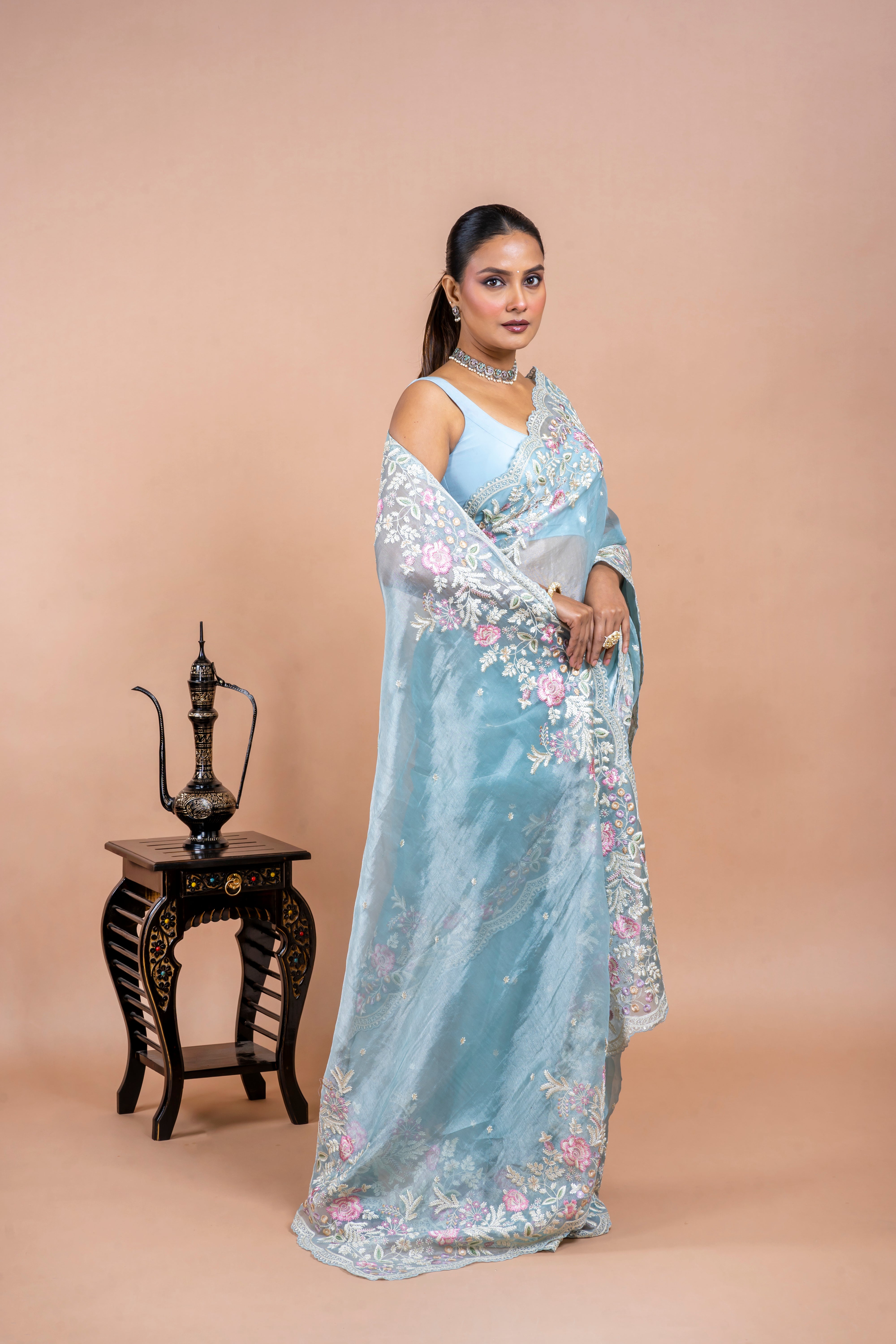 Powder Blue Tissue Organza Saree with Floral Embroidery Mokshaa