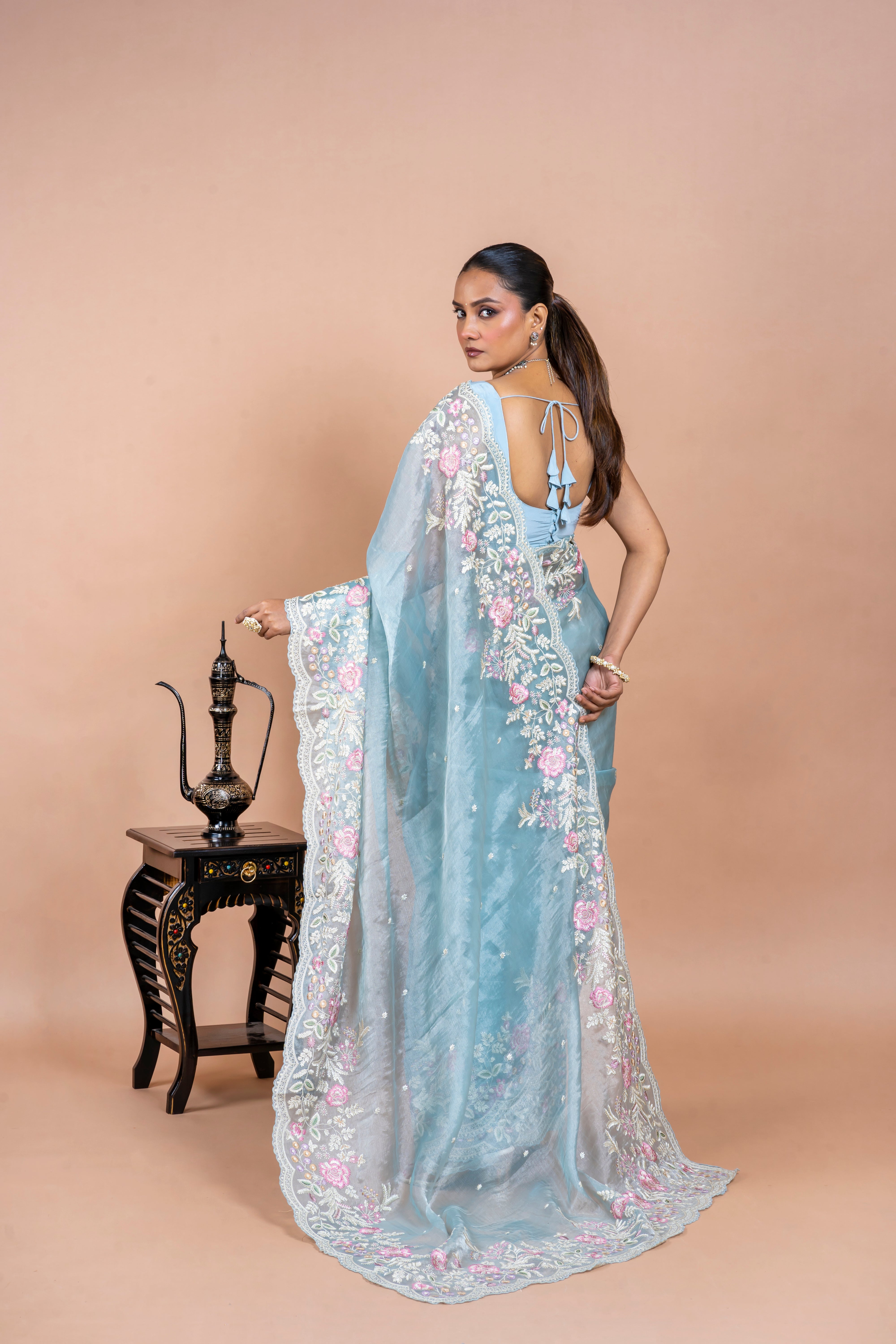 Powder Blue Tissue Organza Saree with Floral Embroidery Mokshaa