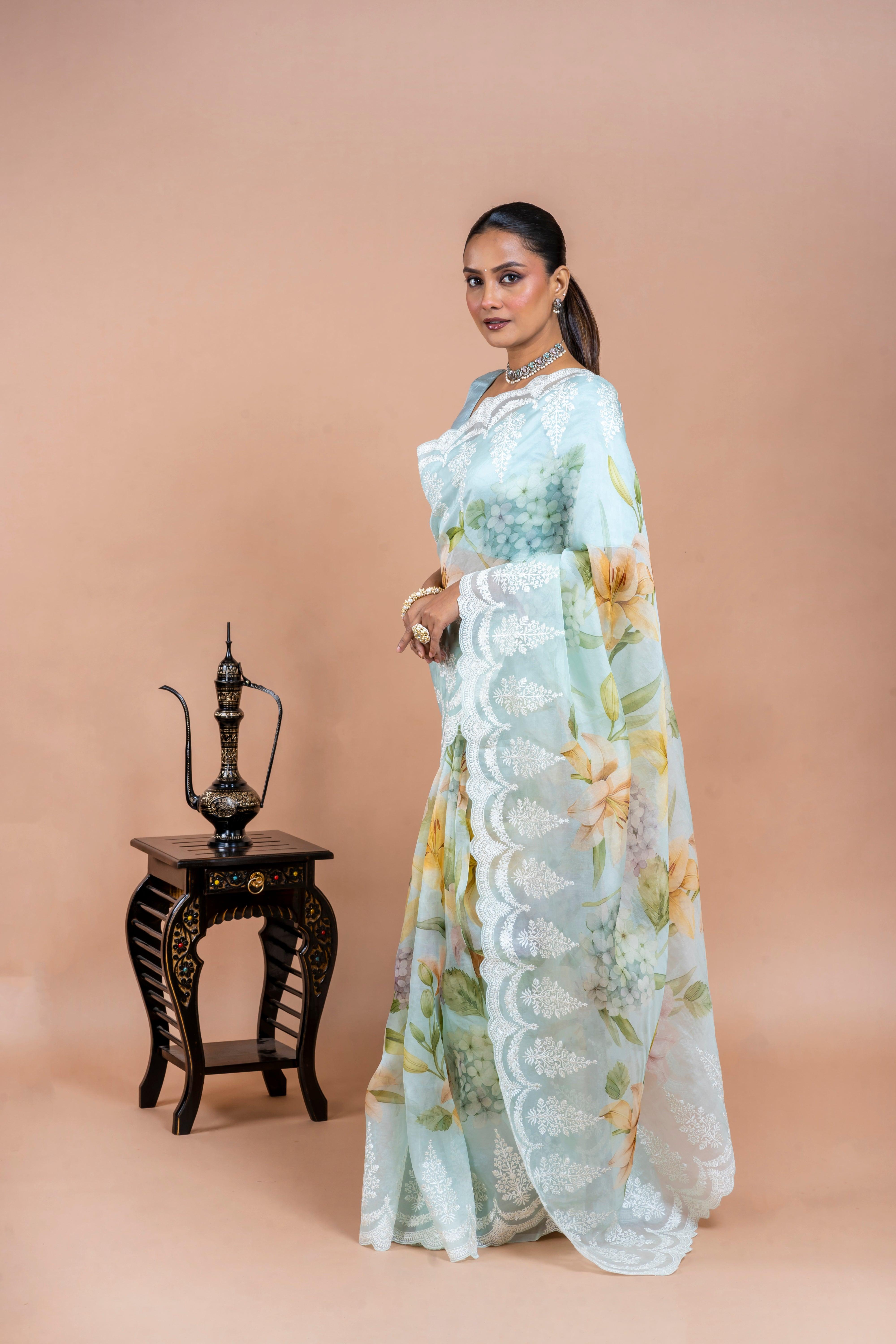 Light Blue Organza Saree  Mokshaa