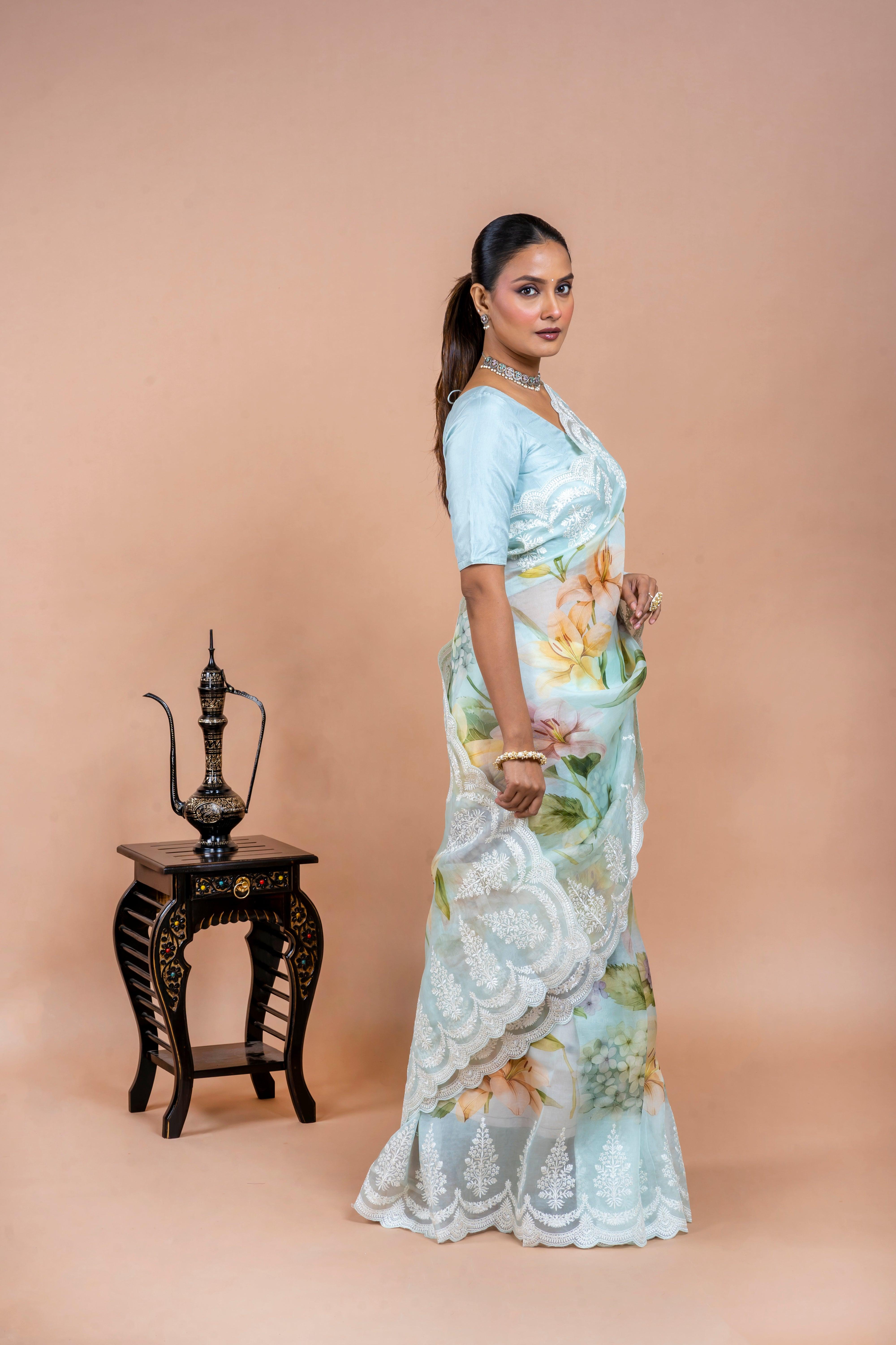 Light Blue Organza Saree  Mokshaa