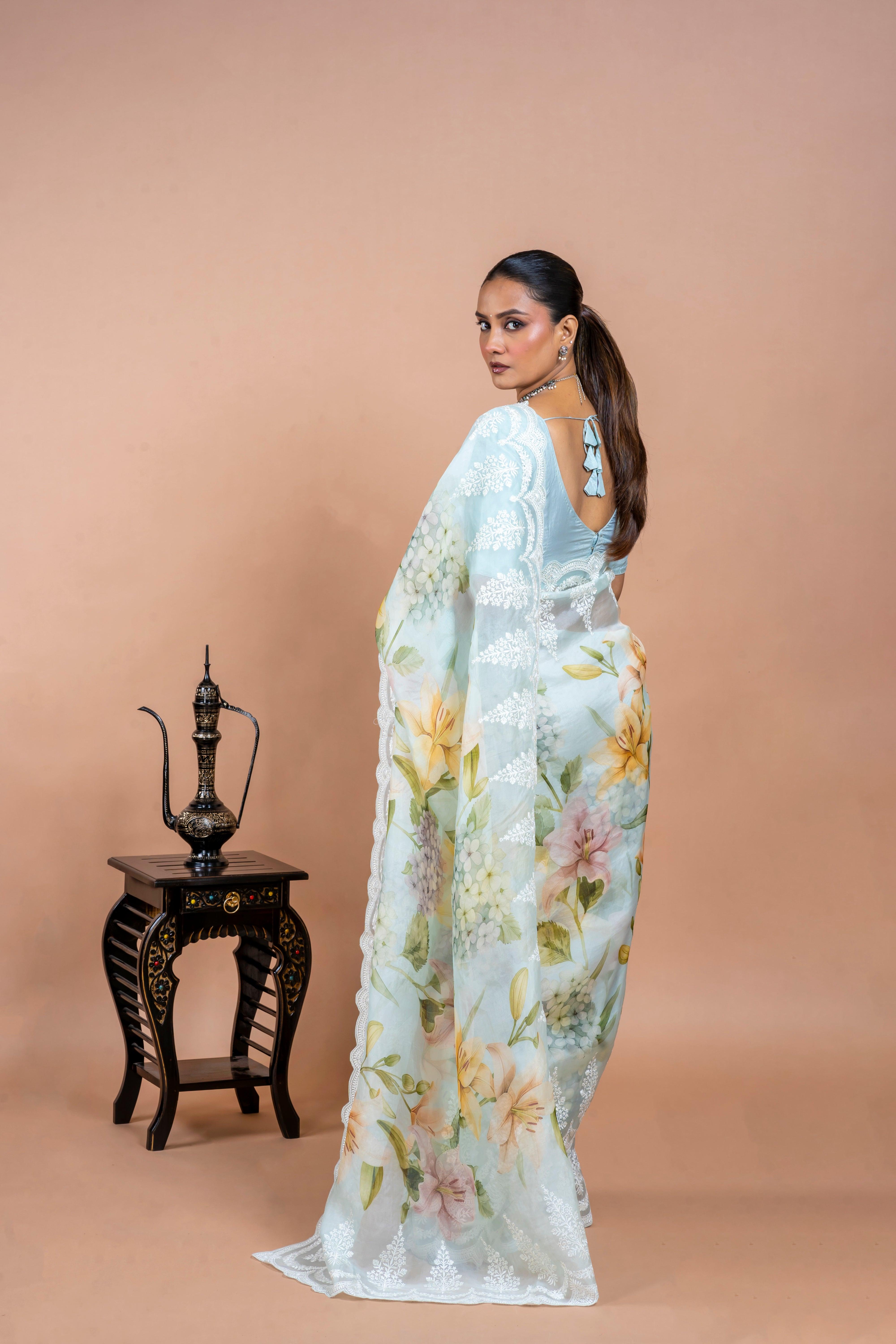Light Blue Organza Saree  Mokshaa
