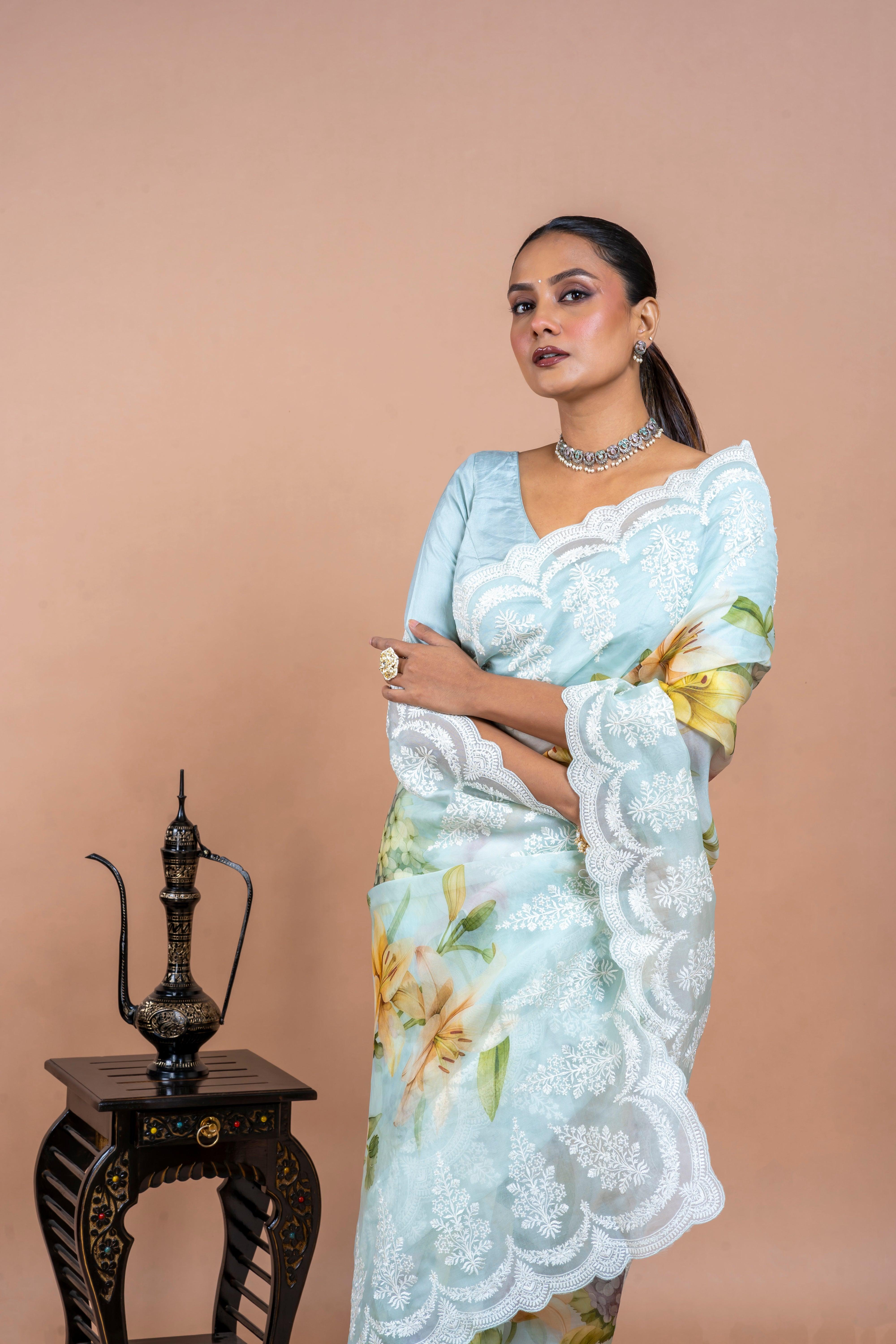 Light Blue Organza Saree  Mokshaa