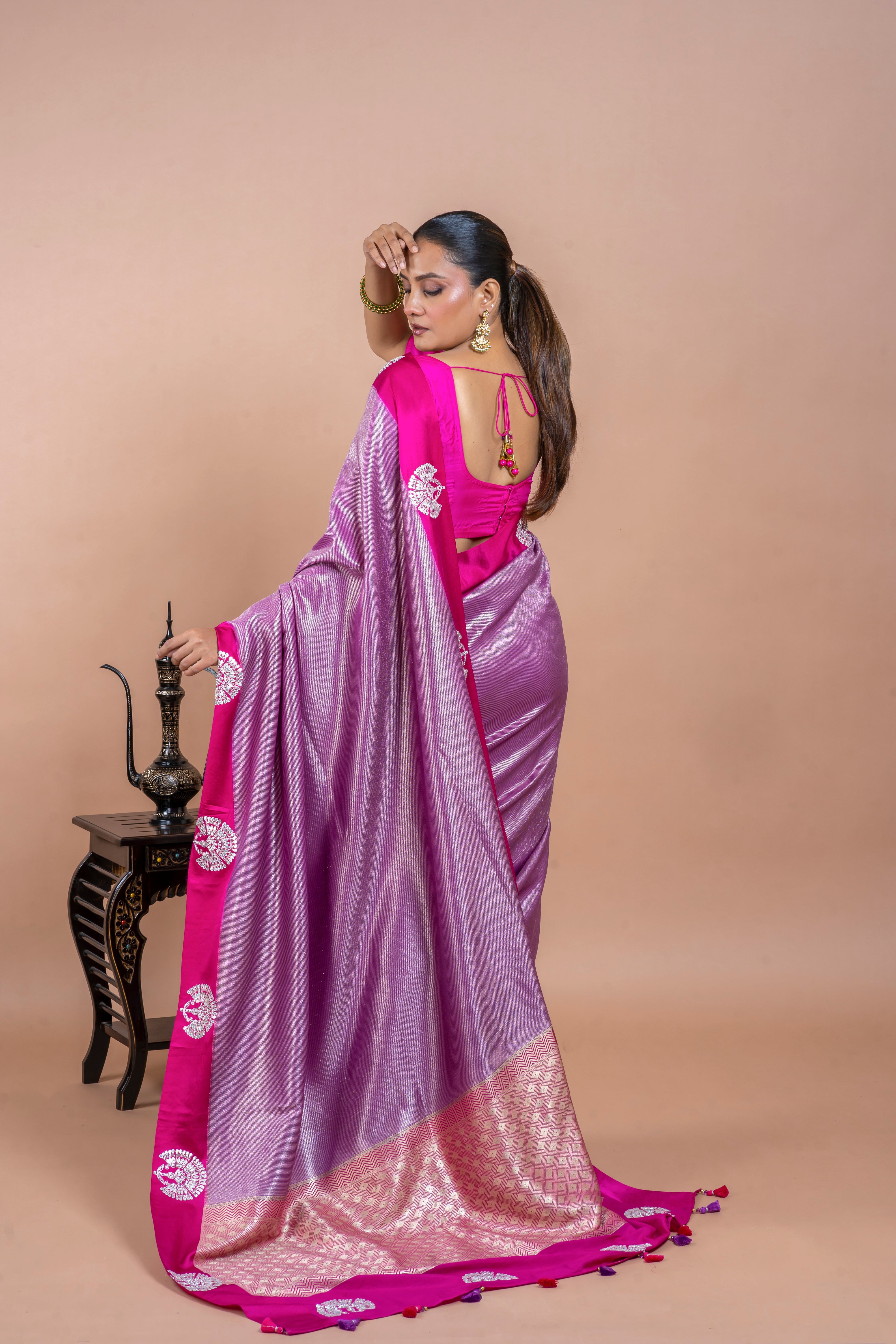 Rani Pink Handloom Saree with Zari Brocade and Gota Work Mokshaa