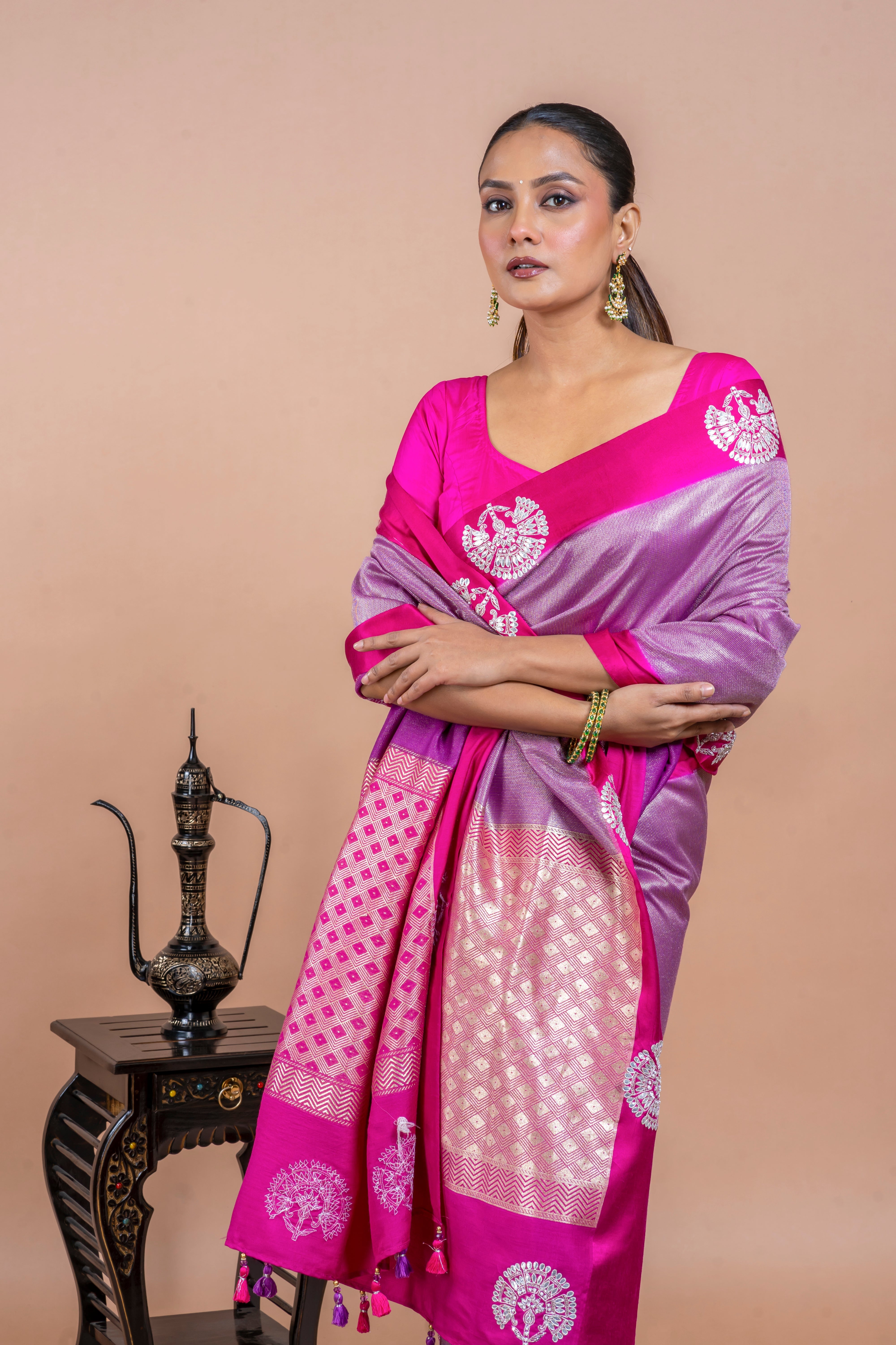 Rani Pink Handloom Saree with Zari Brocade and Gota Work Mokshaa