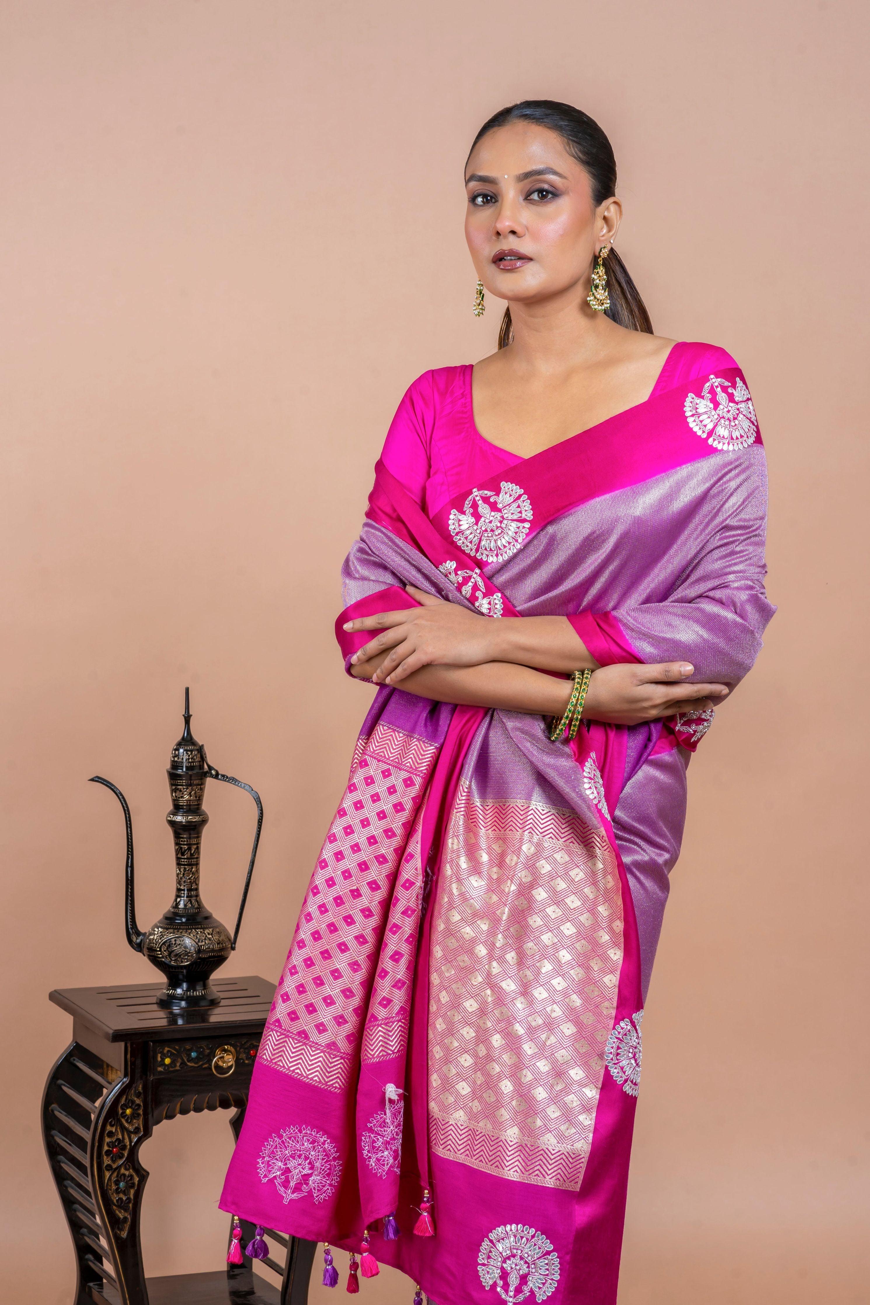 Rani Pink Handloom Saree with Zari Brocade and Gota Work Mokshaa