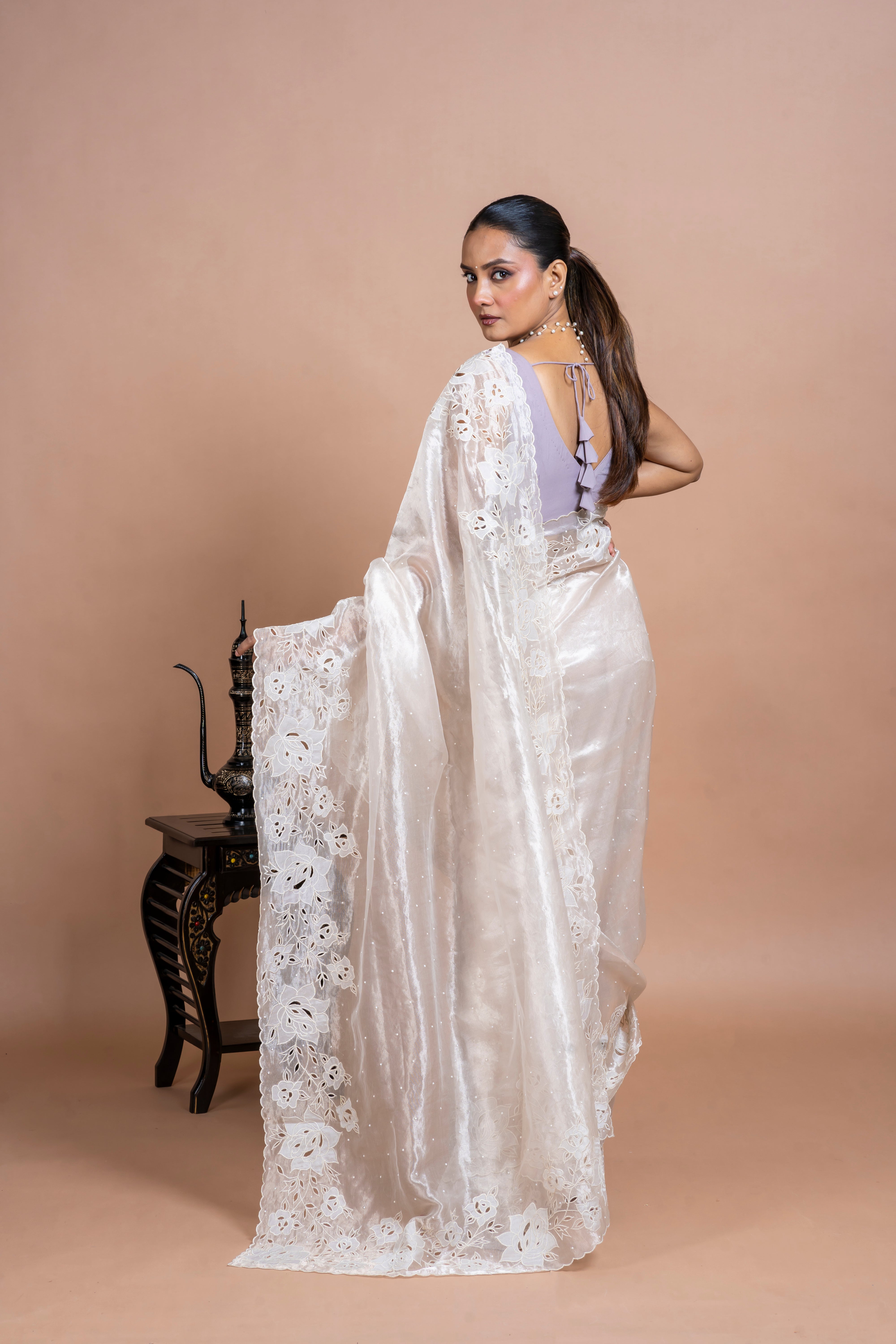 Silver Tissue Organza Saree with Floral Embroidery and Scallop Edge Mokshaa