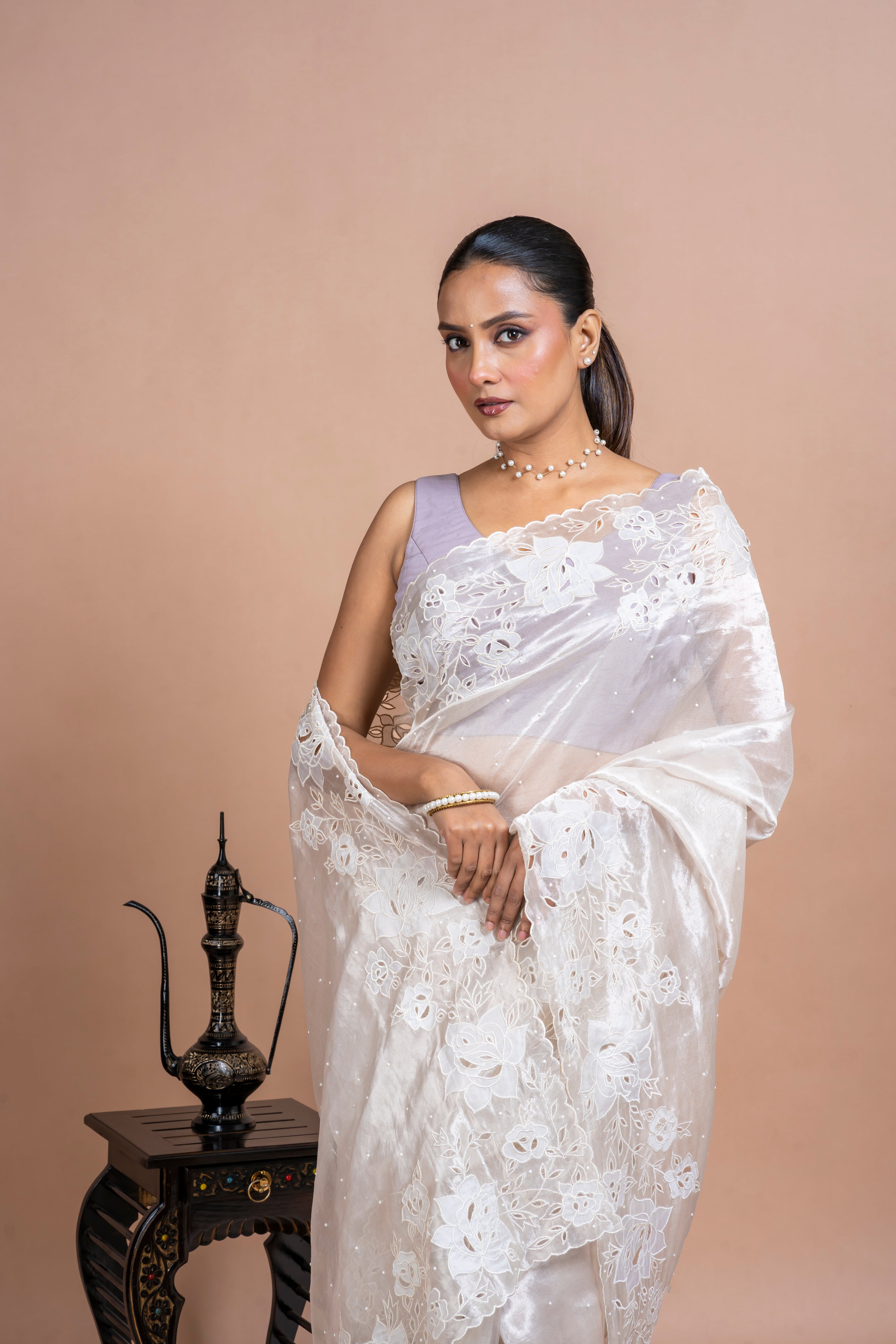 Silver Tissue Organza Saree with Floral Embroidery and Scallop Edge Mokshaa