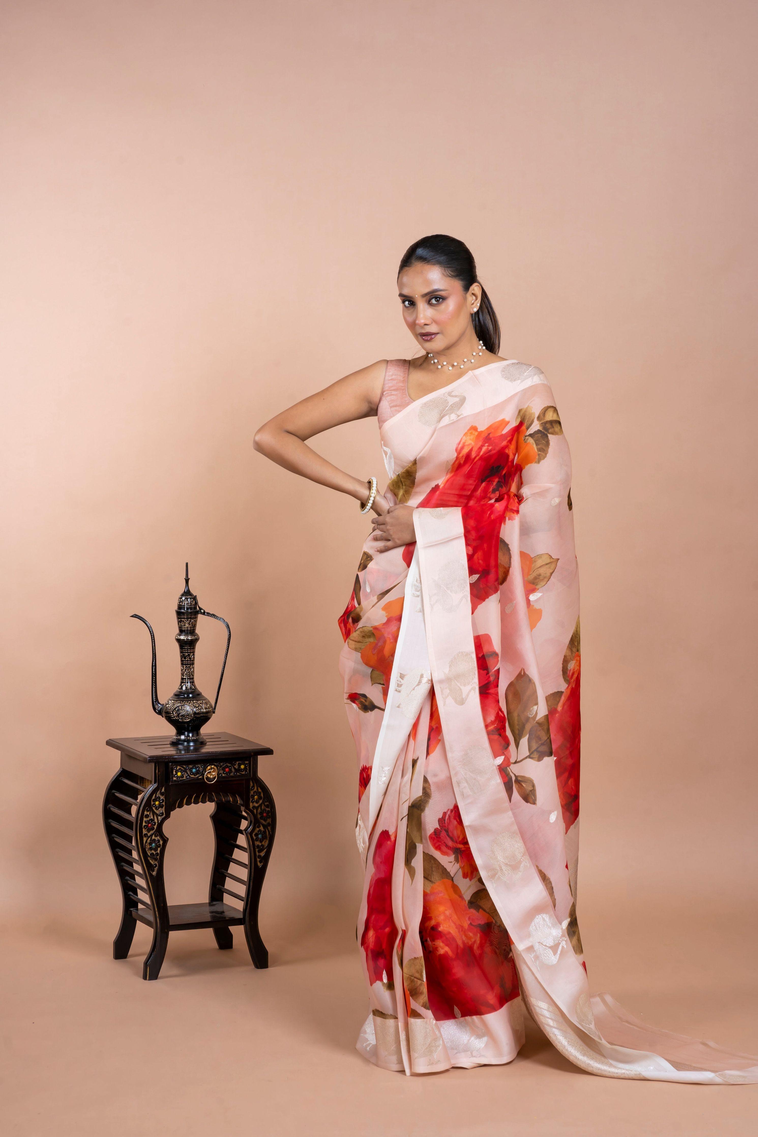 Off White Organza Saree with Digital Floral Print and Zari Border  Mokshaa