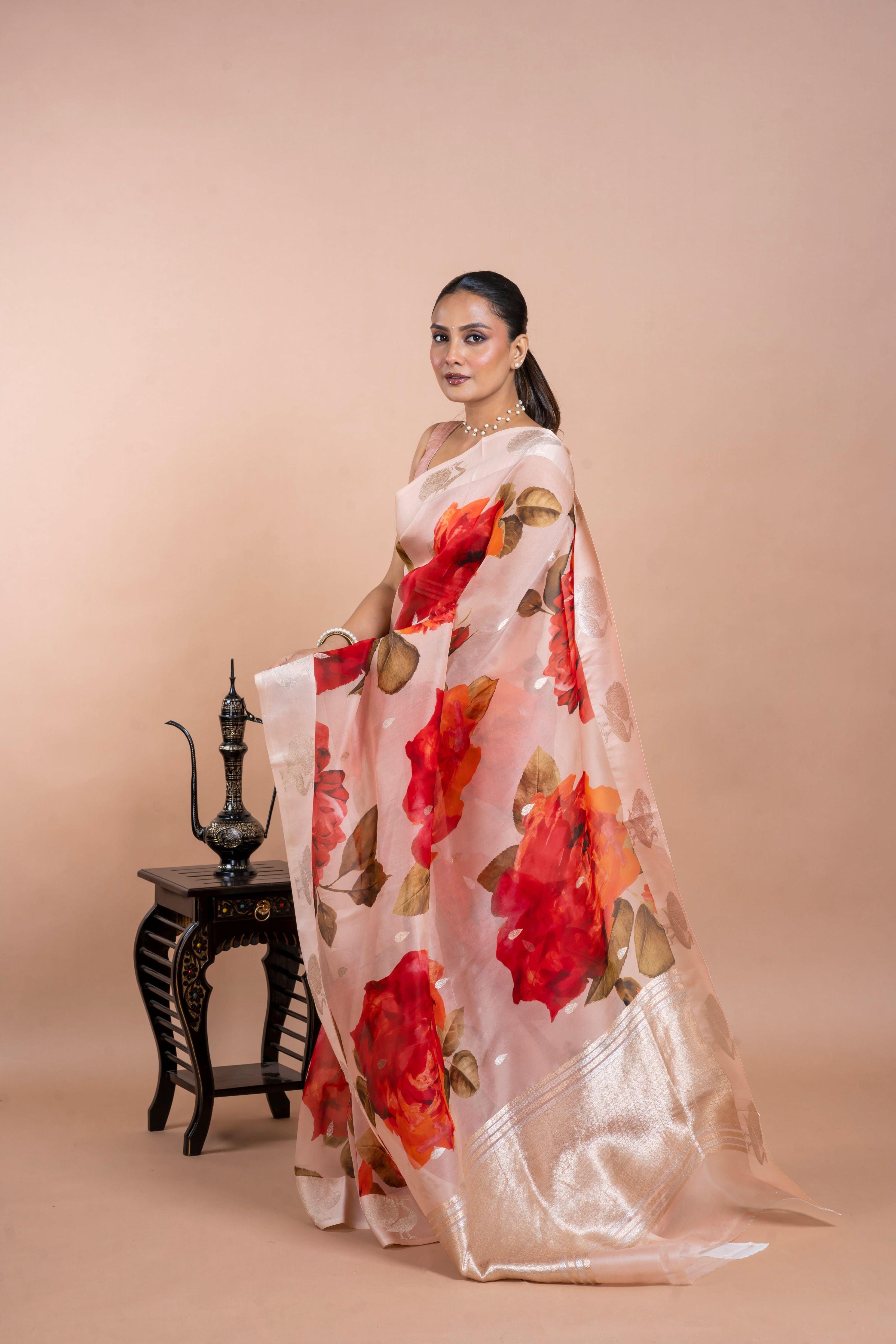 Off White Organza Saree with Digital Floral Print and Zari Border  Mokshaa