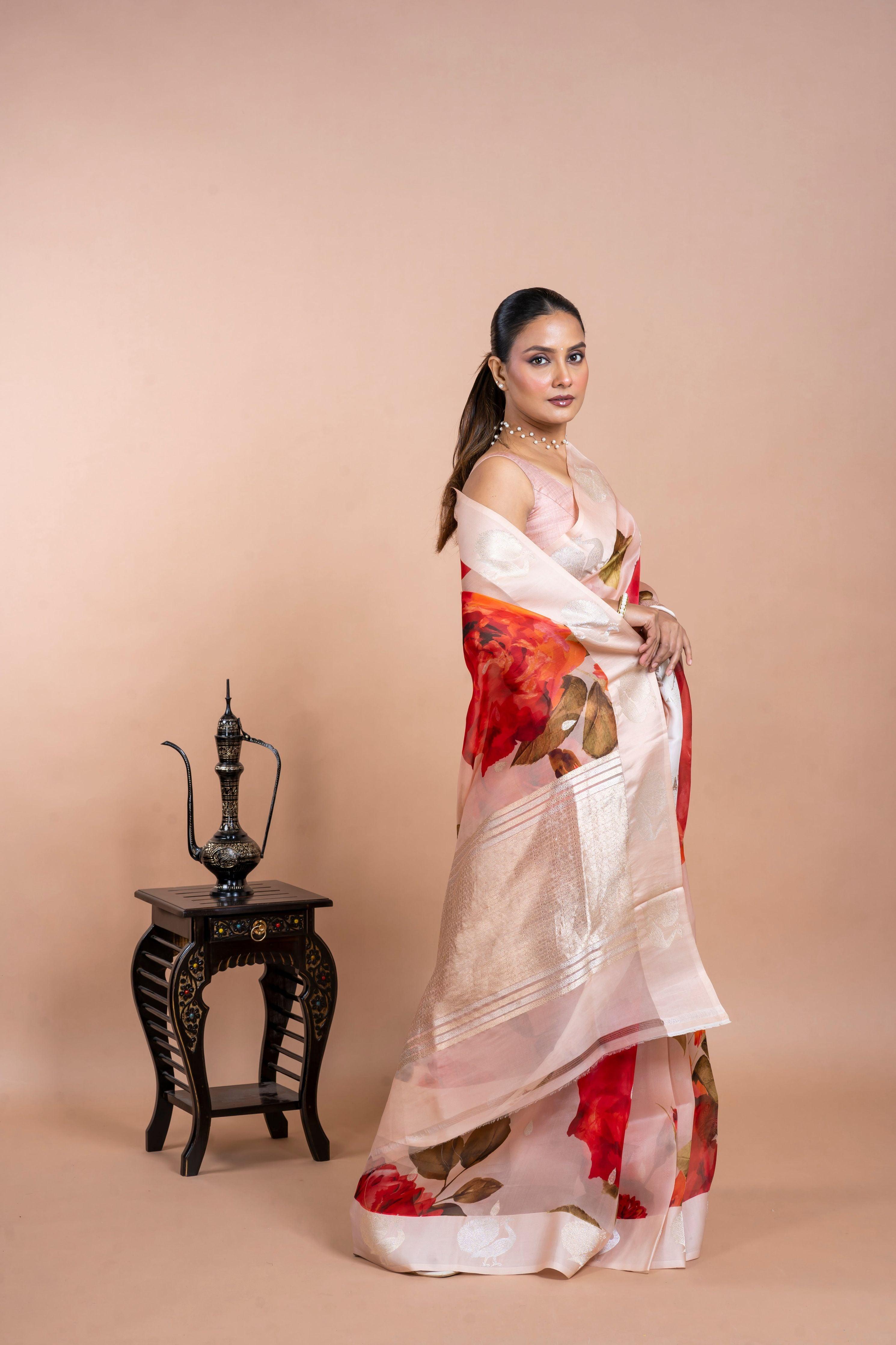 Off White Organza Saree with Digital Floral Print and Zari Border  Mokshaa