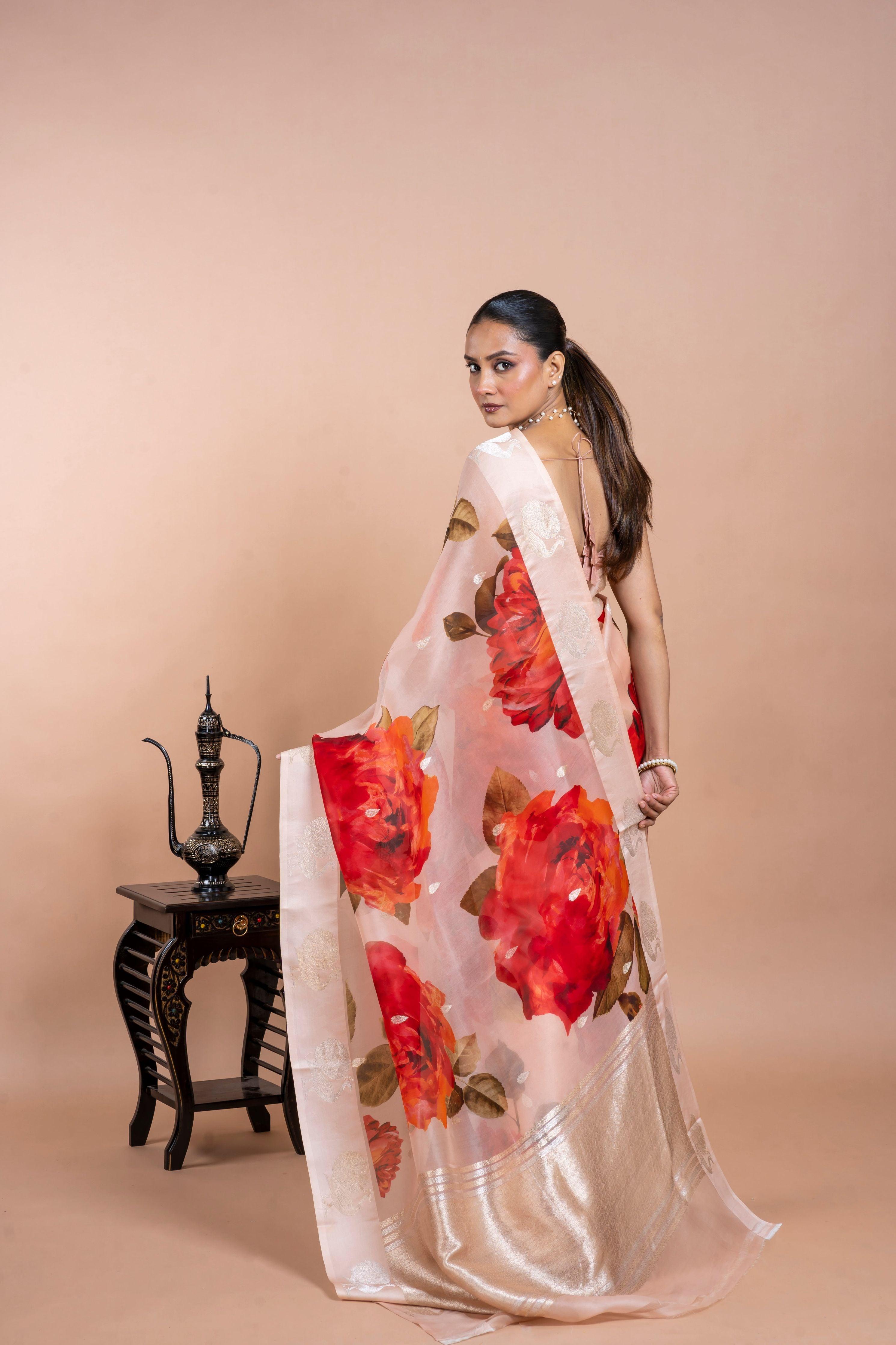 Off White Organza Saree with Digital Floral Print and Zari Border  Mokshaa