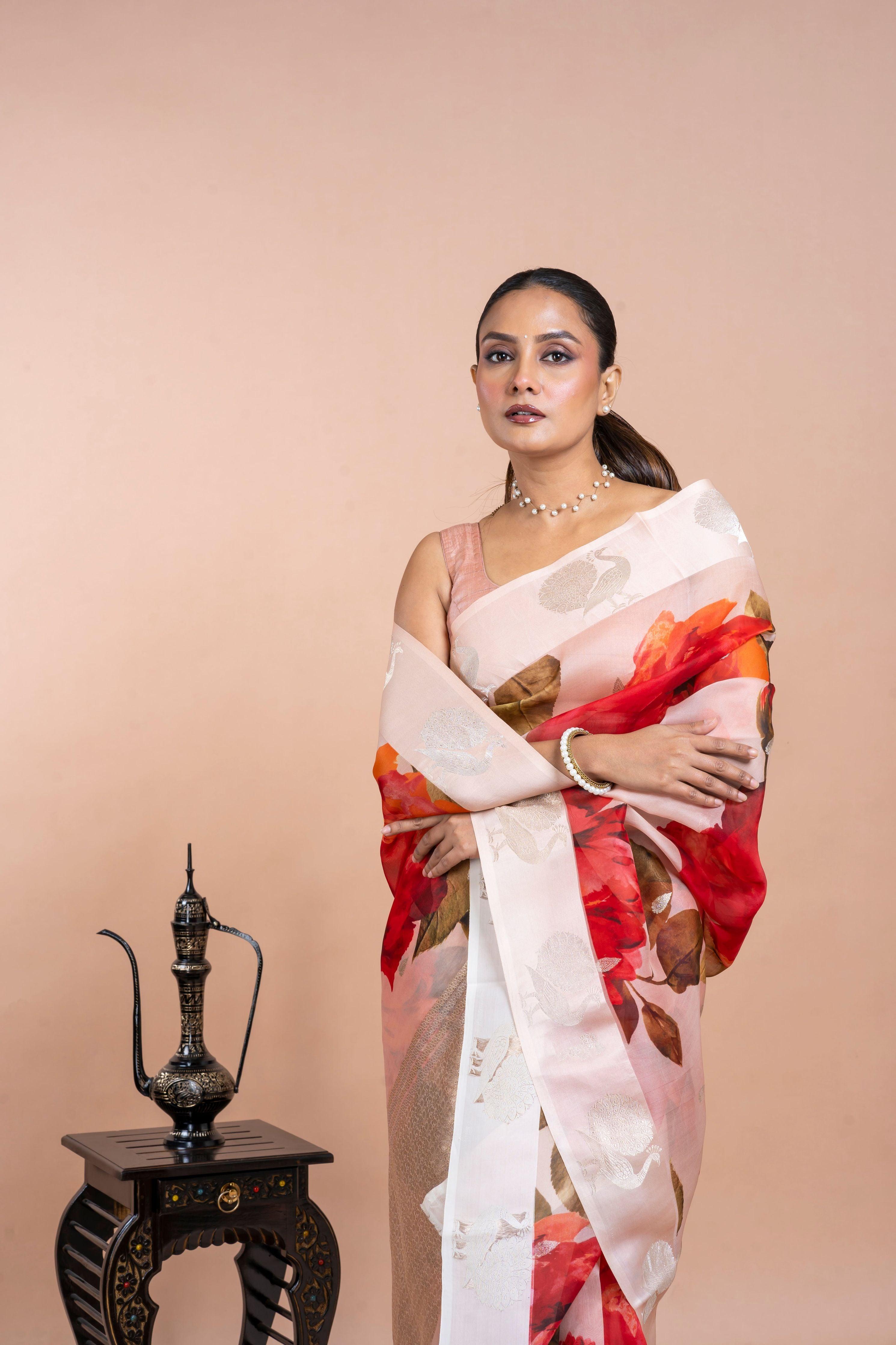Off White Organza Saree with Digital Floral Print and Zari Border  Mokshaa