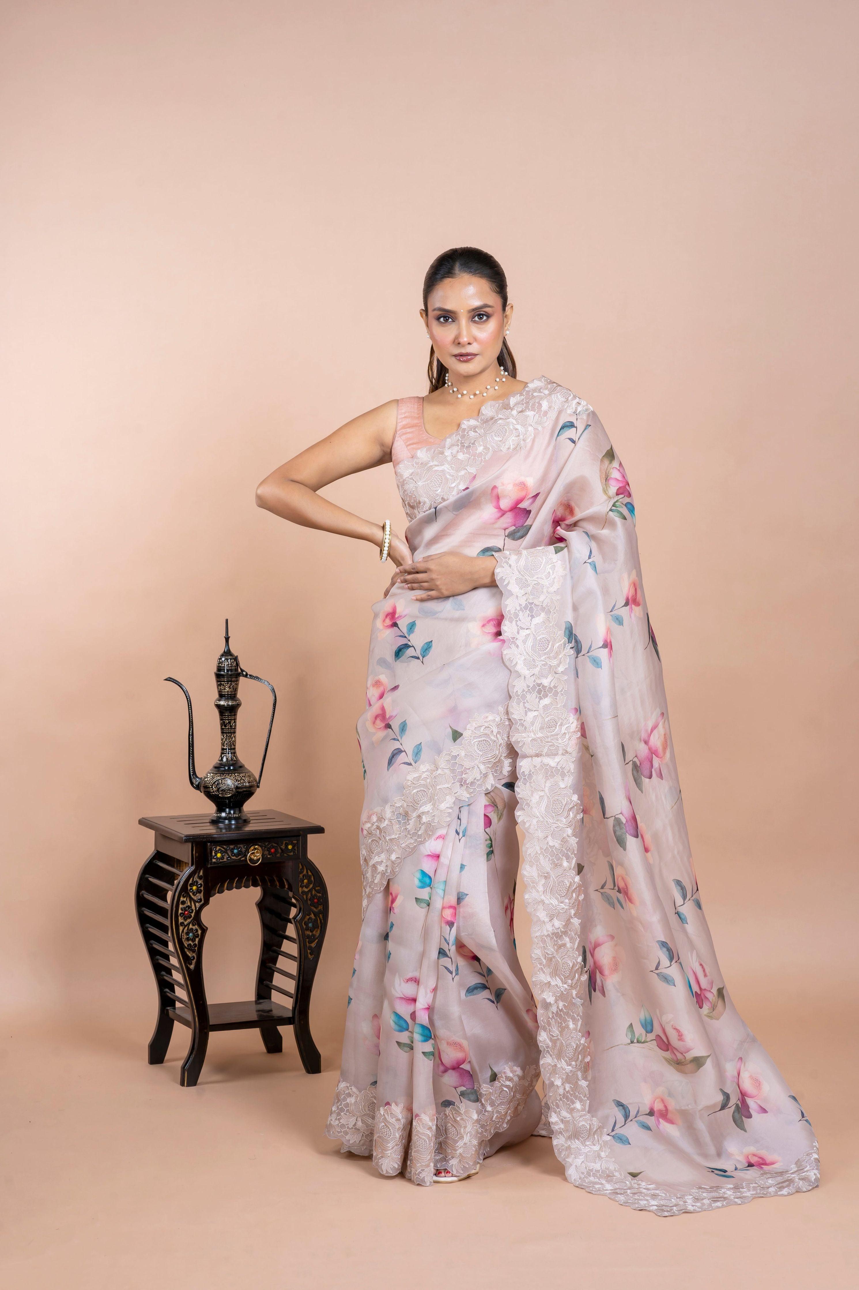 Soft Beige Organza Saree with Digital Floral Print Mokshaa