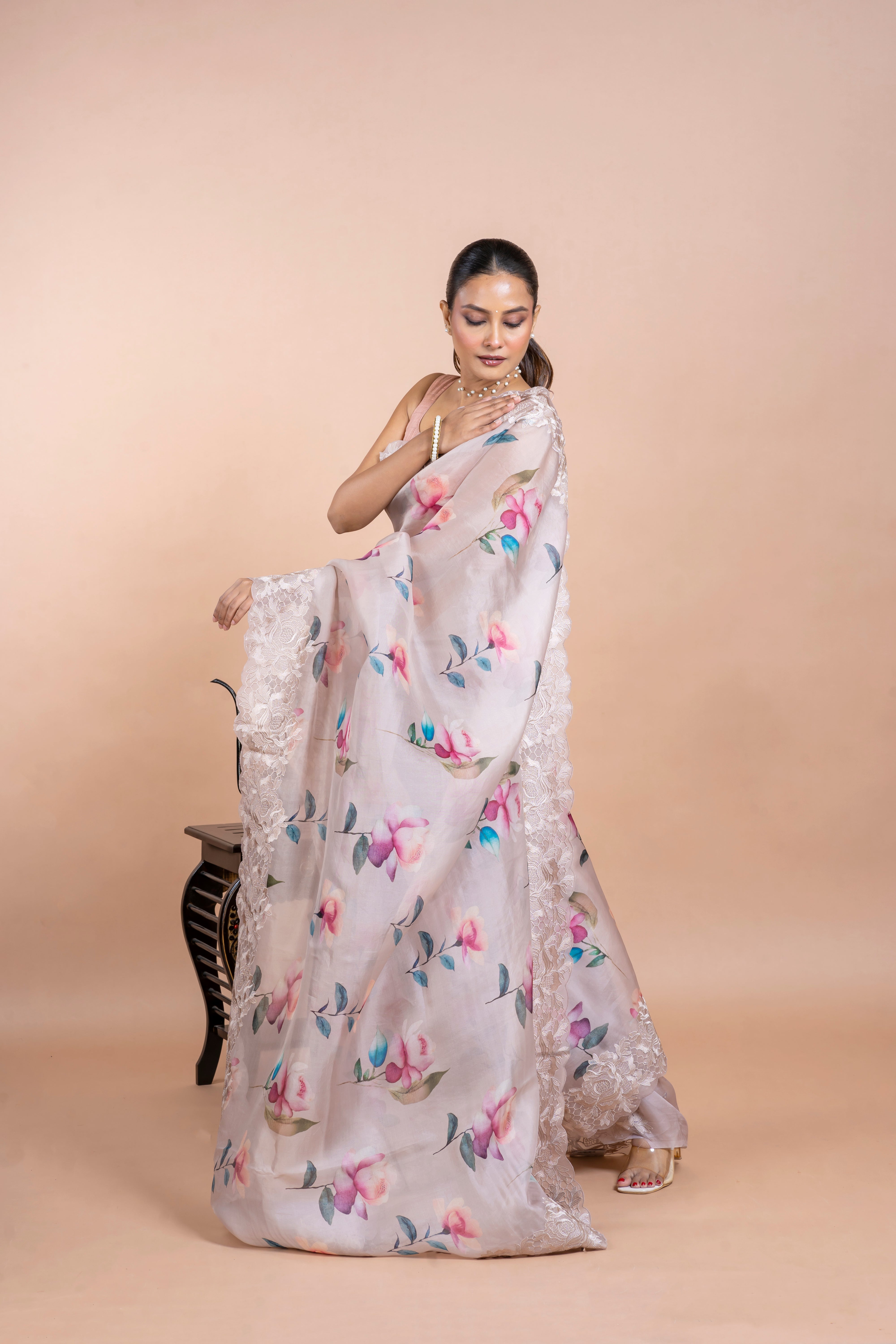 Soft Beige Organza Saree with Digital Floral Print Mokshaa