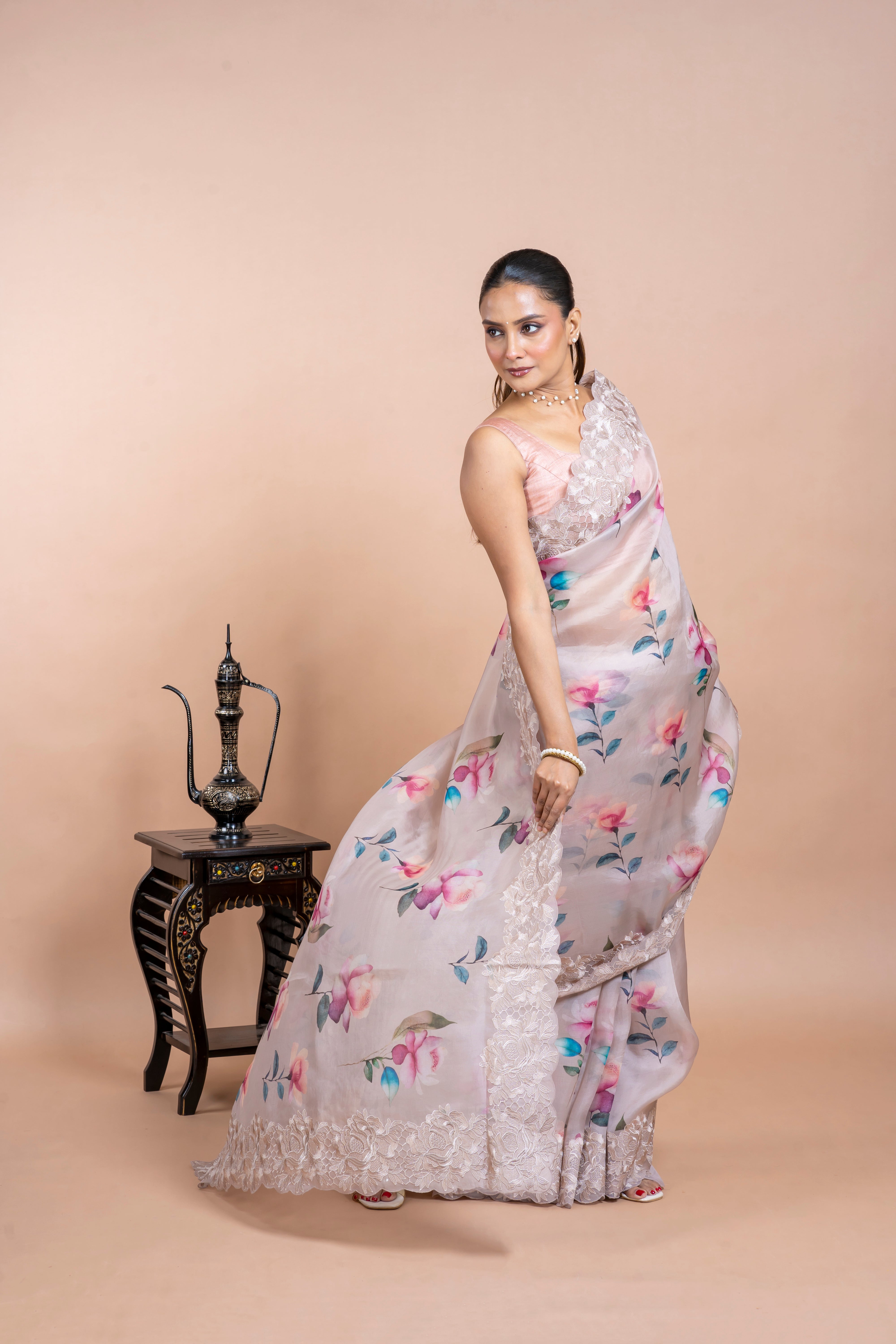 Soft Beige Organza Saree with Digital Floral Print Mokshaa