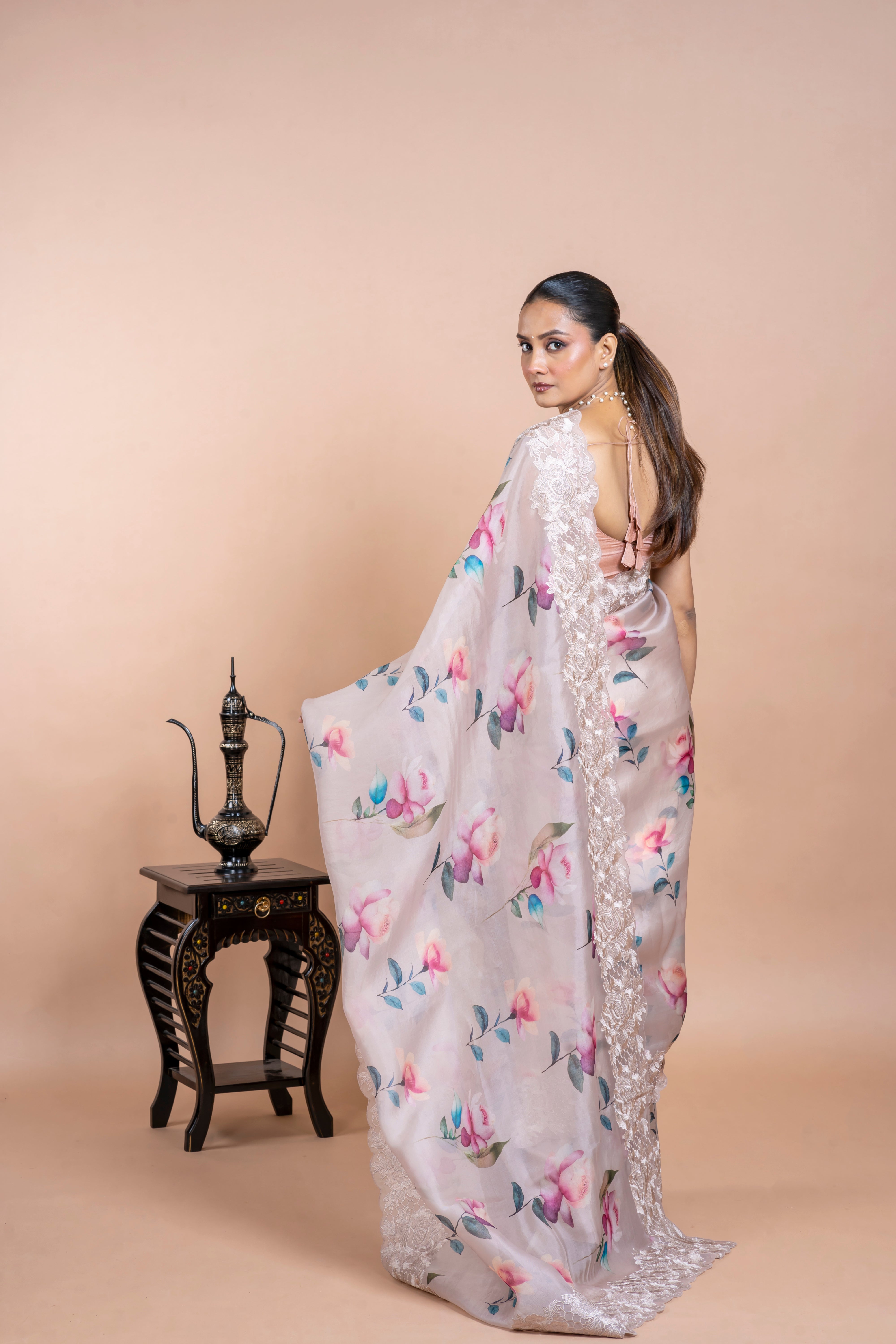 Soft Beige Organza Saree with Digital Floral Print Mokshaa