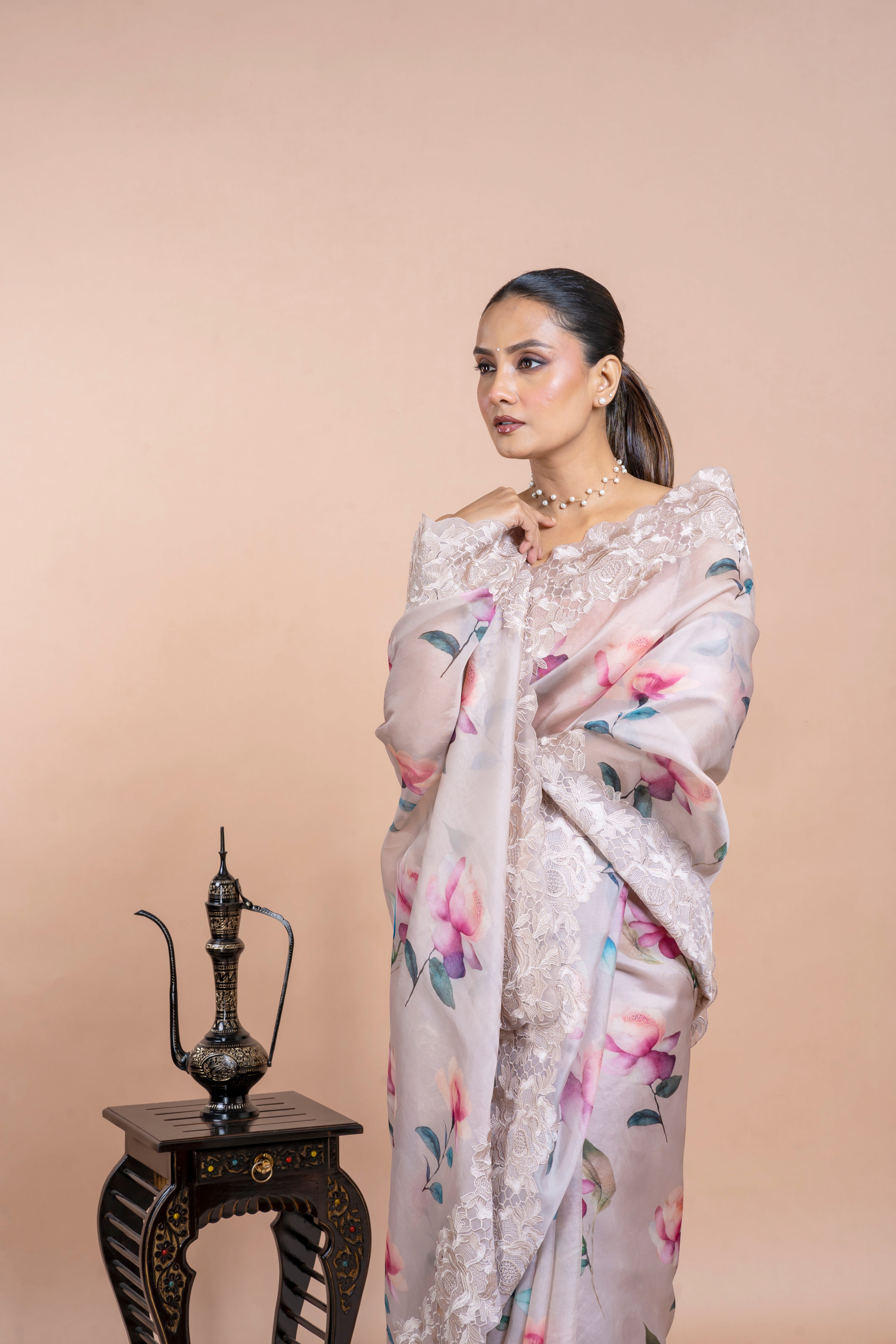 Soft Beige Organza Saree with Digital Floral Print Mokshaa