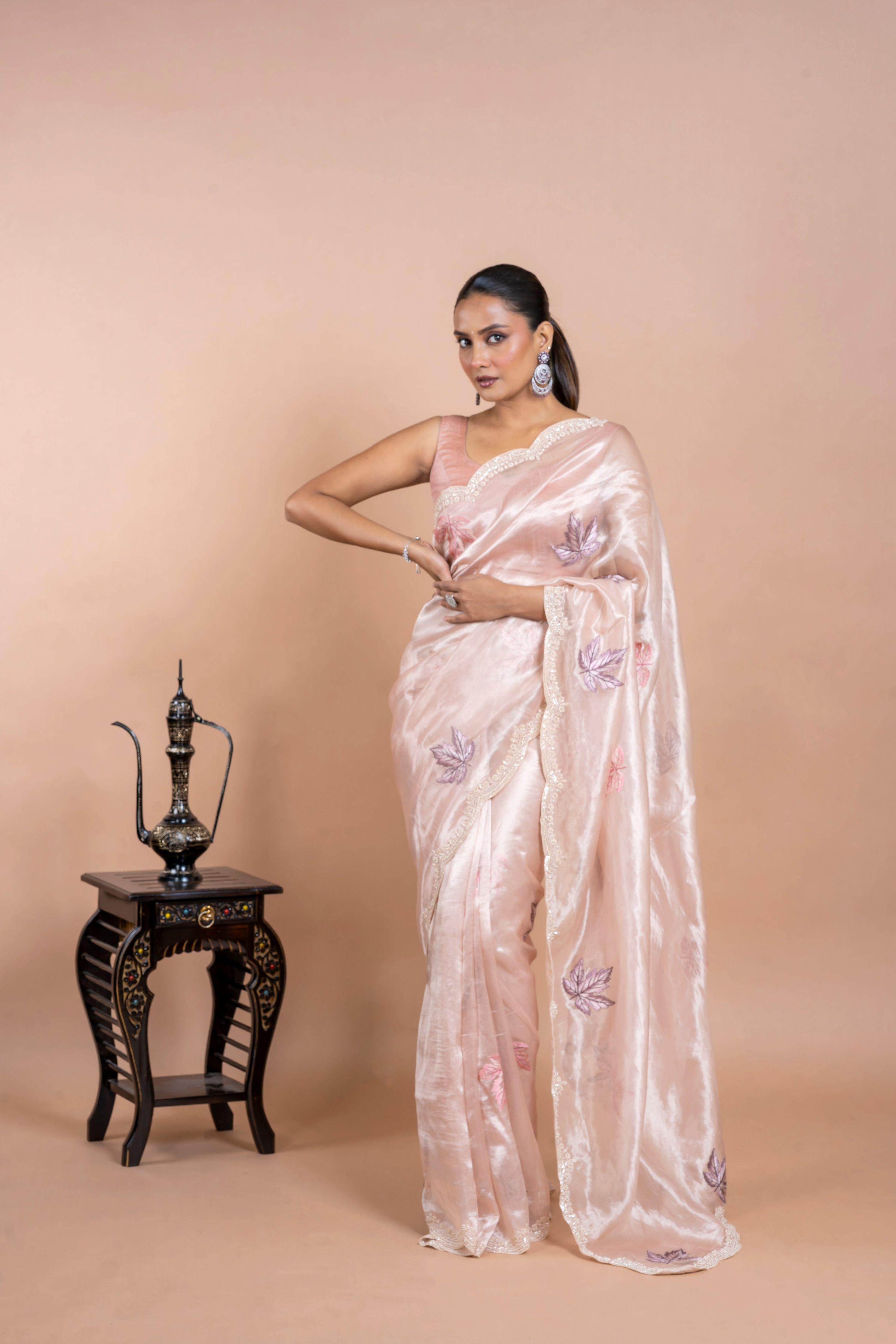 Light Pink Tissue Organza Saree with Leaf Embroidery and Pearl Work Mokshaa