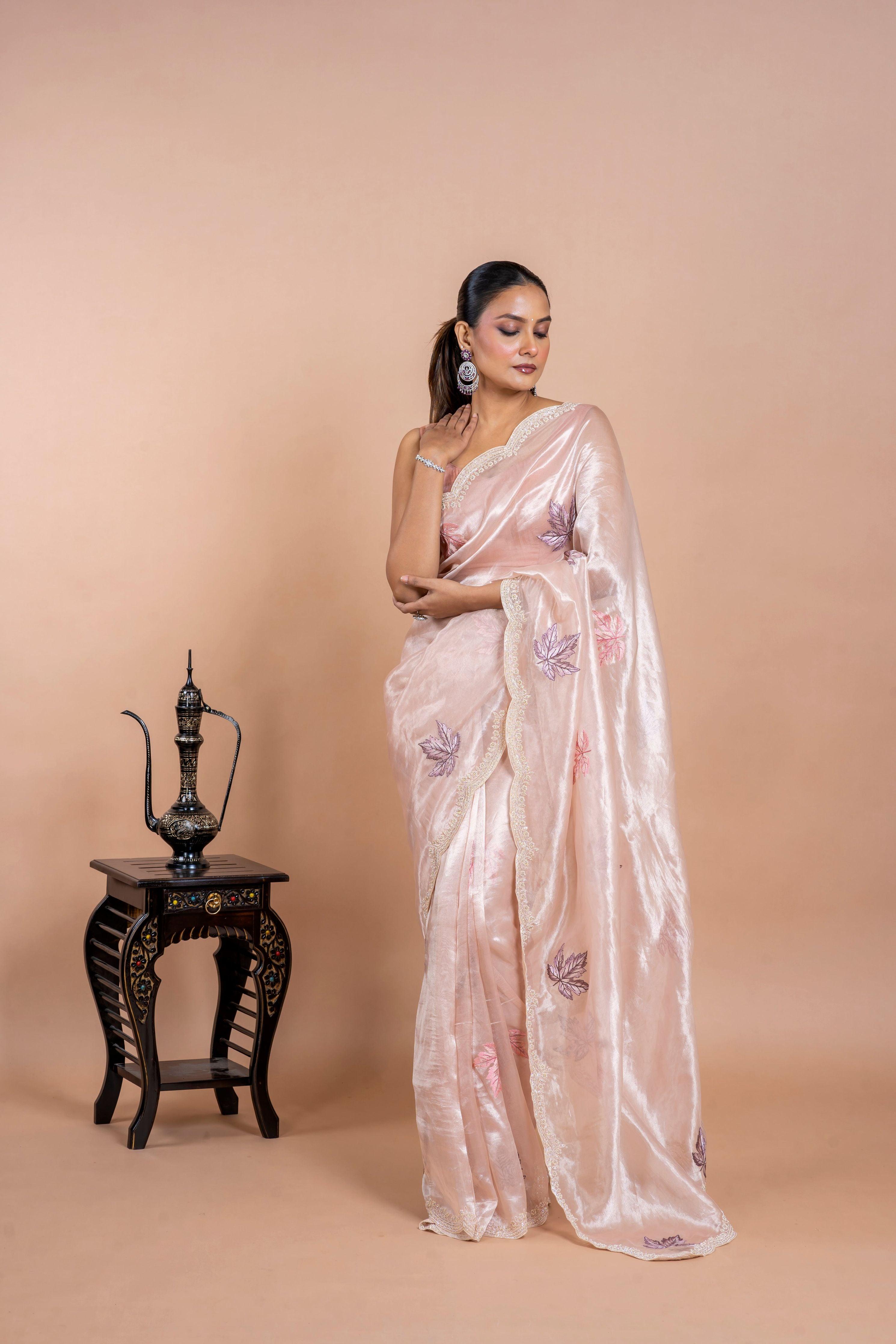 Light Pink Tissue Organza Saree with Leaf Embroidery and Pearl Work Mokshaa