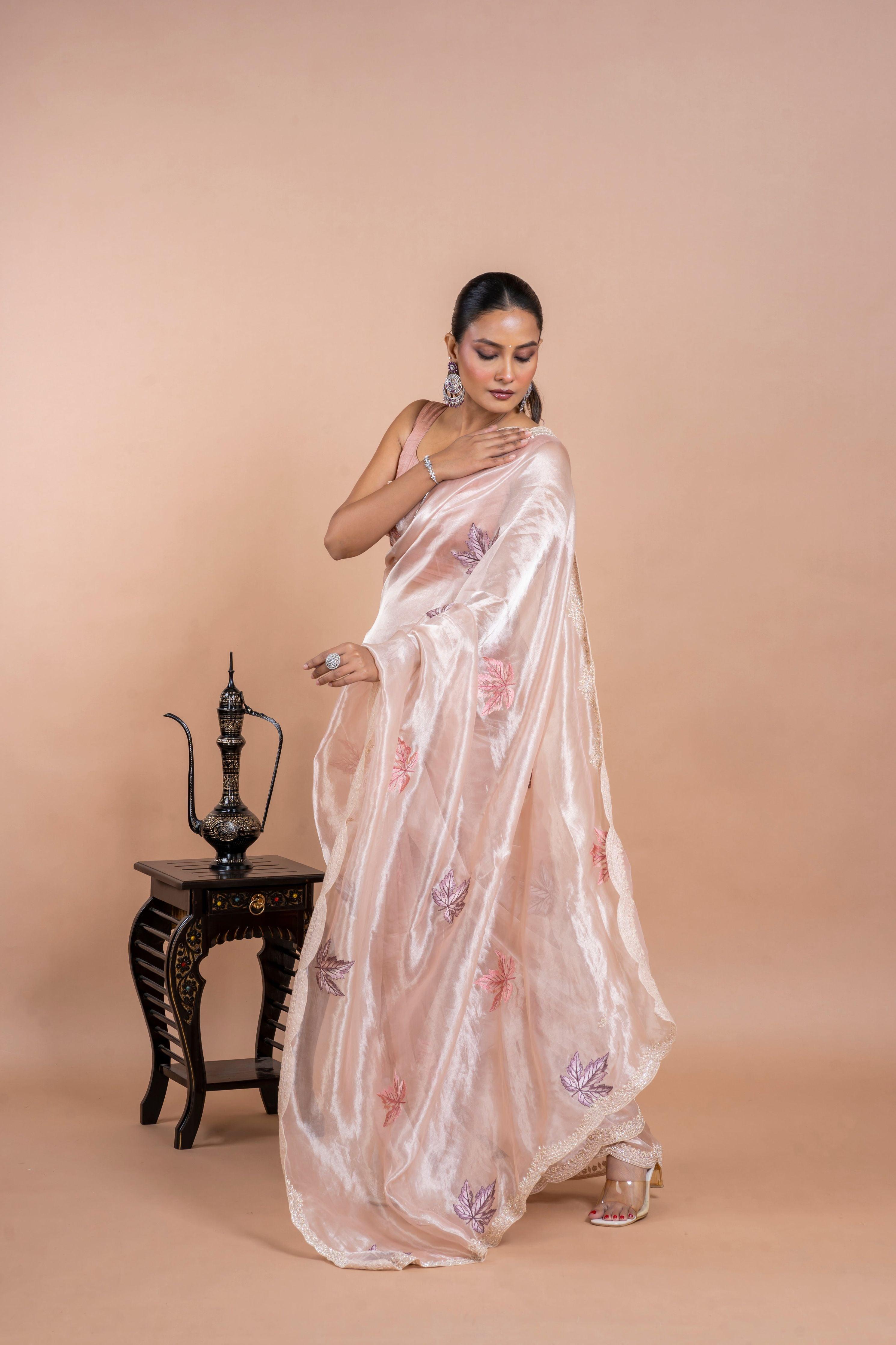 Light Pink Tissue Organza Saree with Leaf Embroidery and Pearl Work Mokshaa