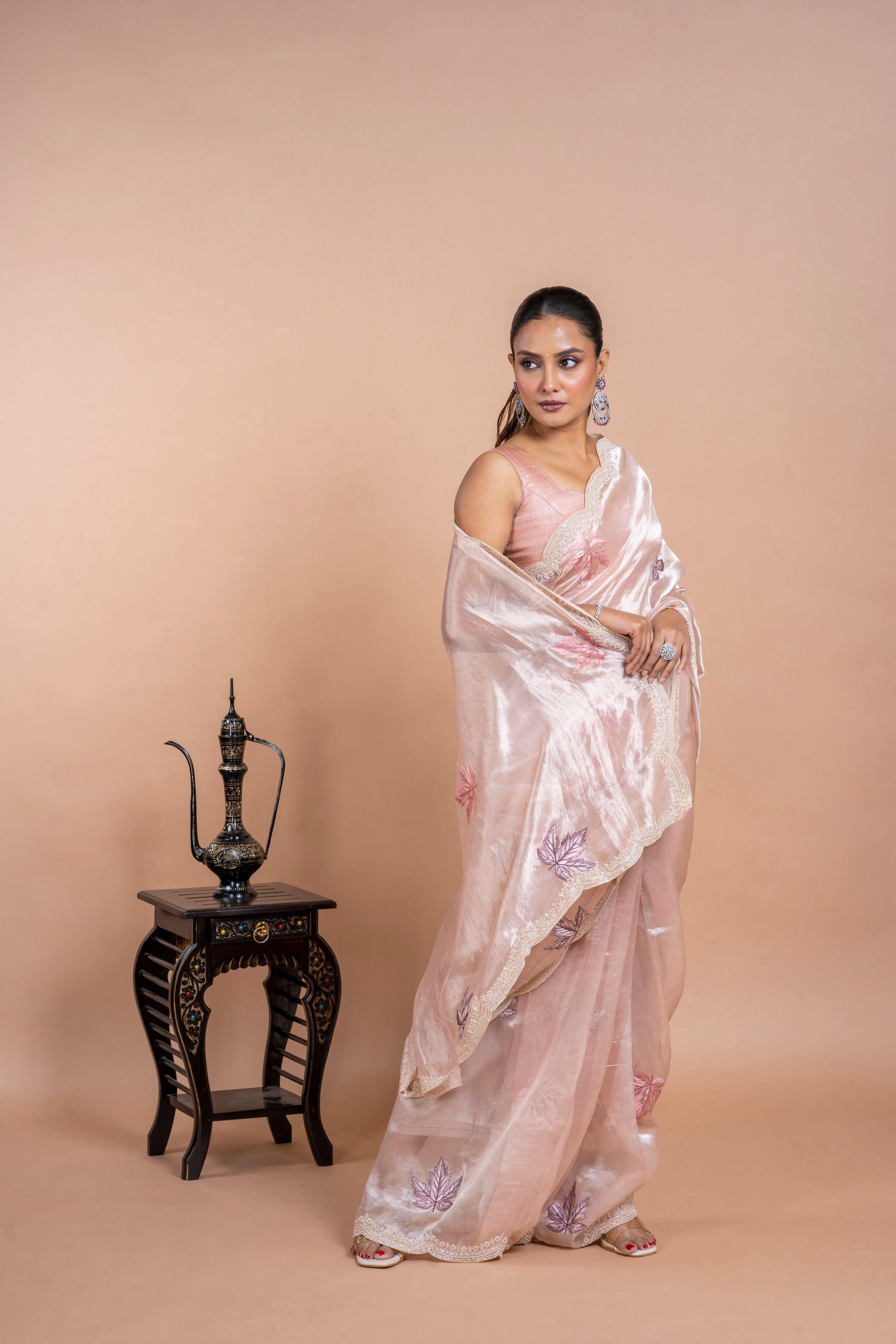 Light Pink Tissue Organza Saree with Leaf Embroidery and Pearl Work Mokshaa