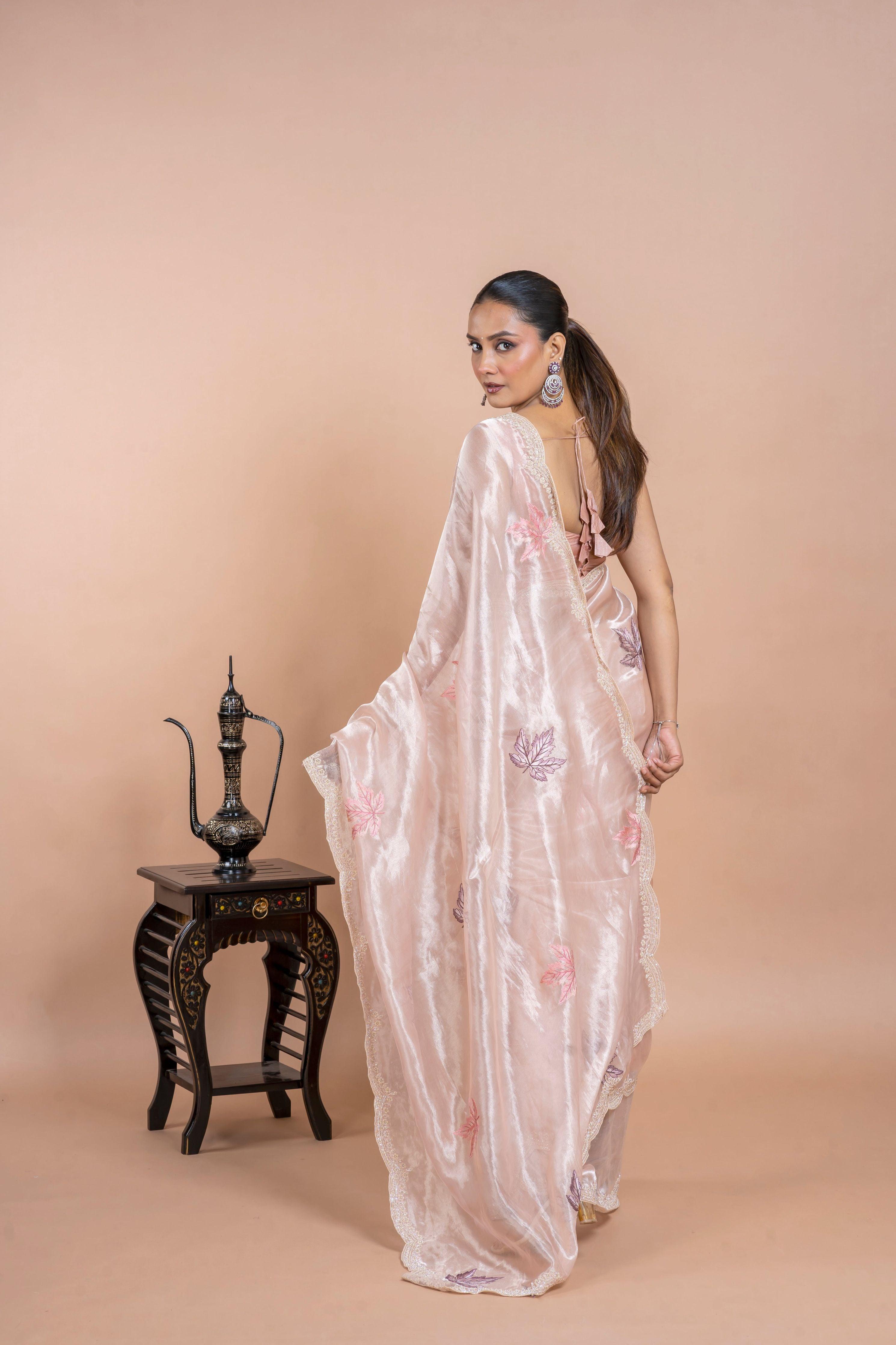 Light Pink Tissue Organza Saree with Leaf Embroidery and Pearl Work Mokshaa
