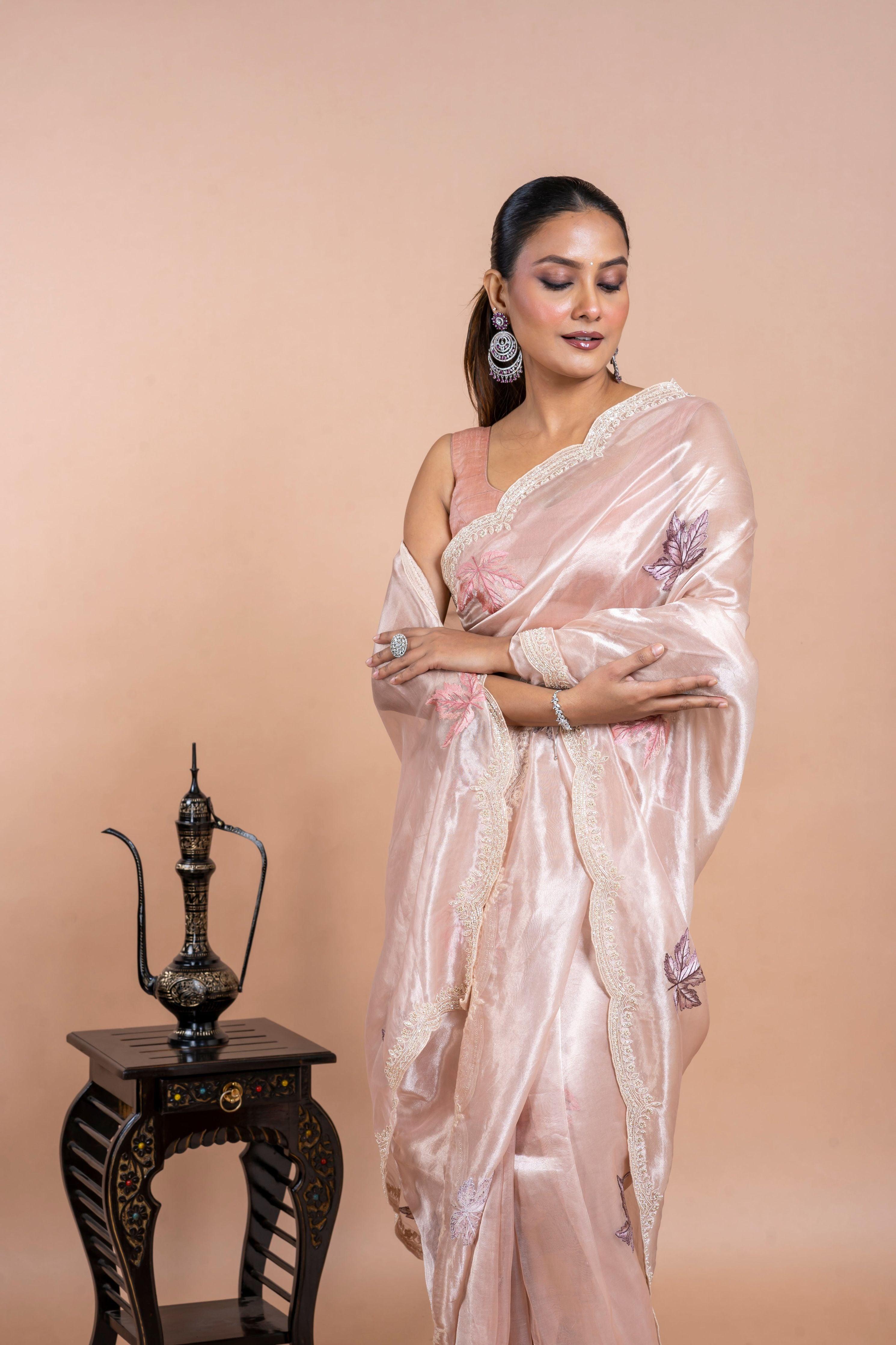Light Pink Tissue Organza Saree with Leaf Embroidery and Pearl Work Mokshaa