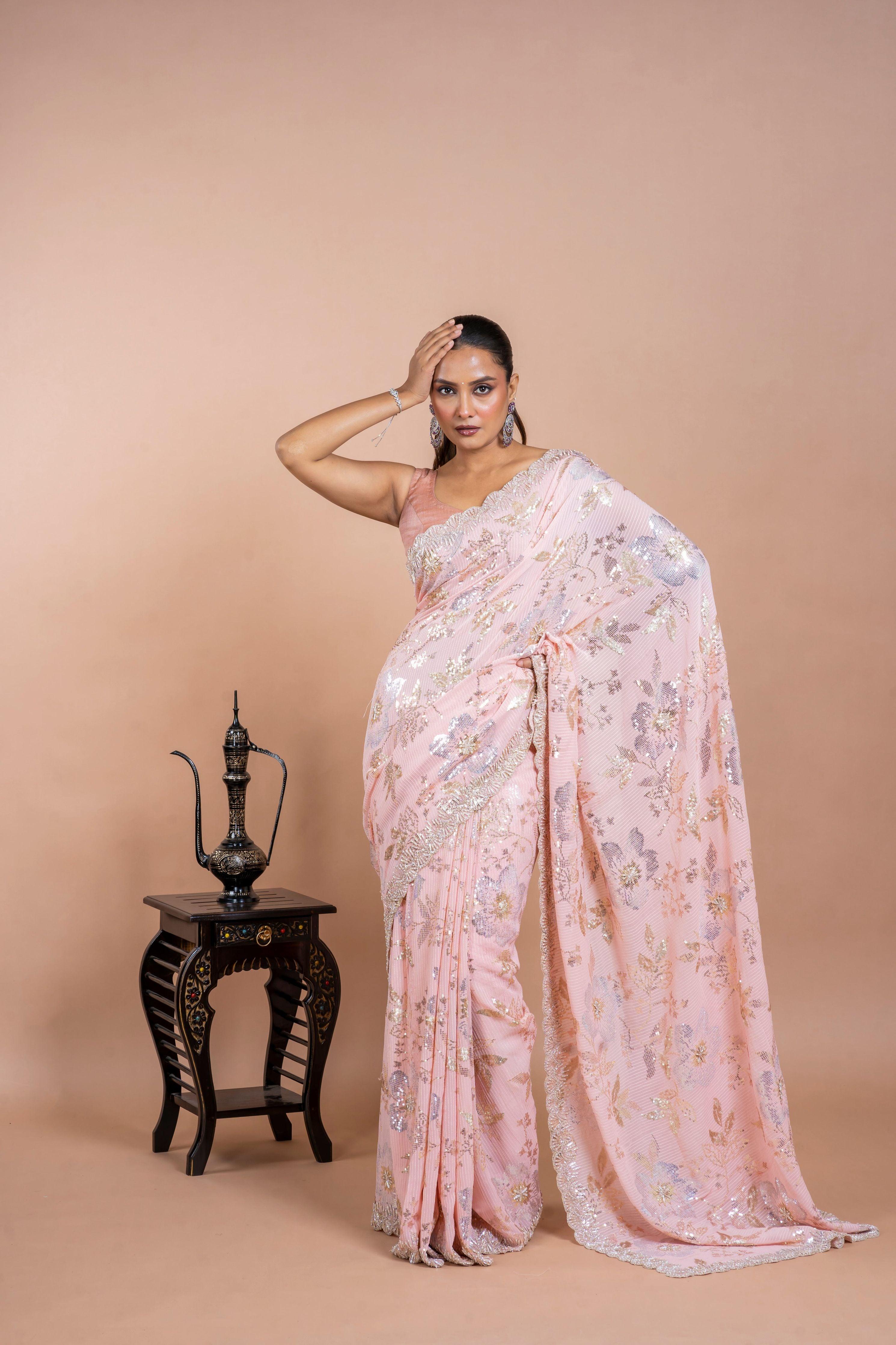Light Pink Georgette Saree with Floral Sequins and Pearl Work Mokshaa