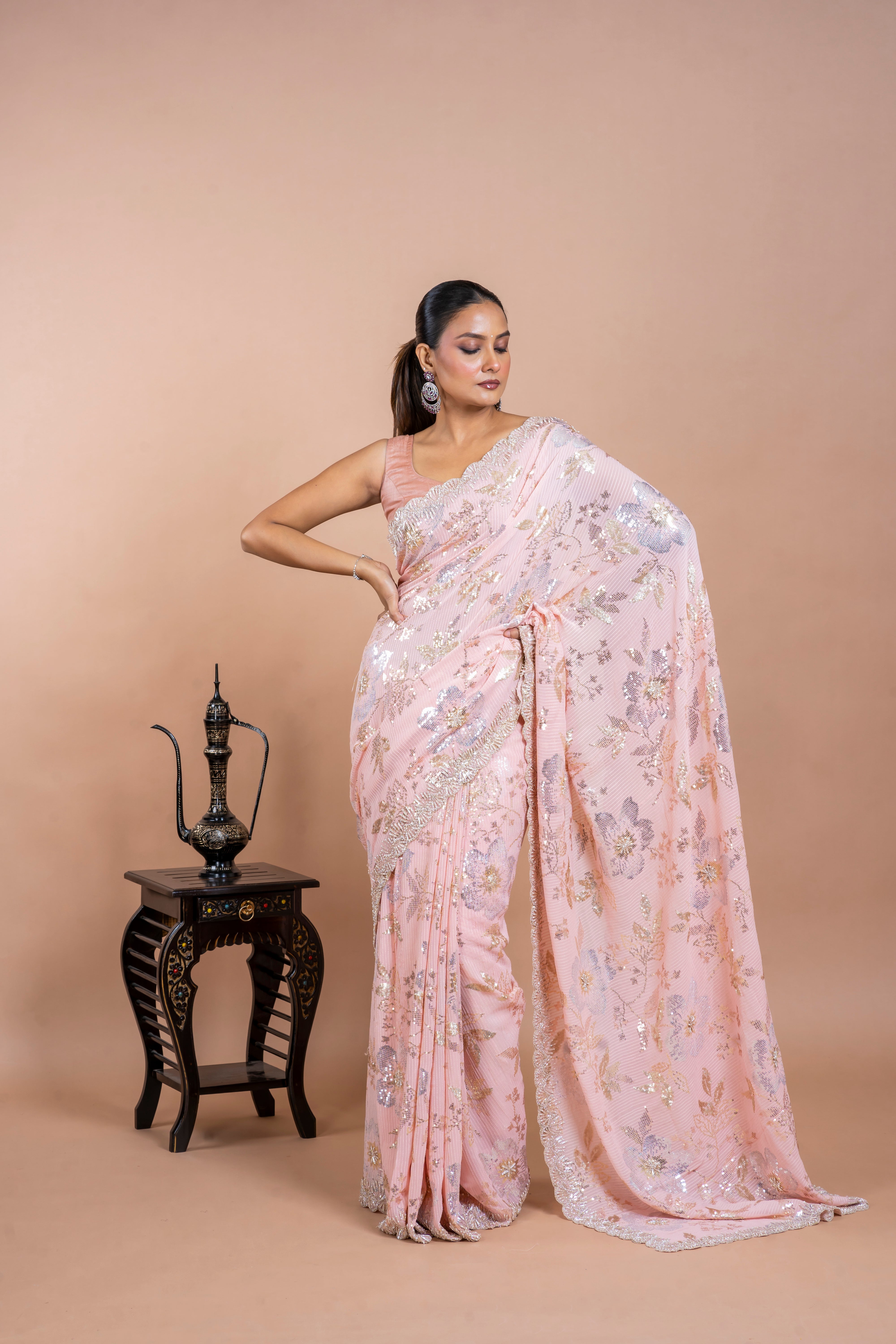 Light Pink Georgette Saree with Floral Sequins and Pearl Work Mokshaa
