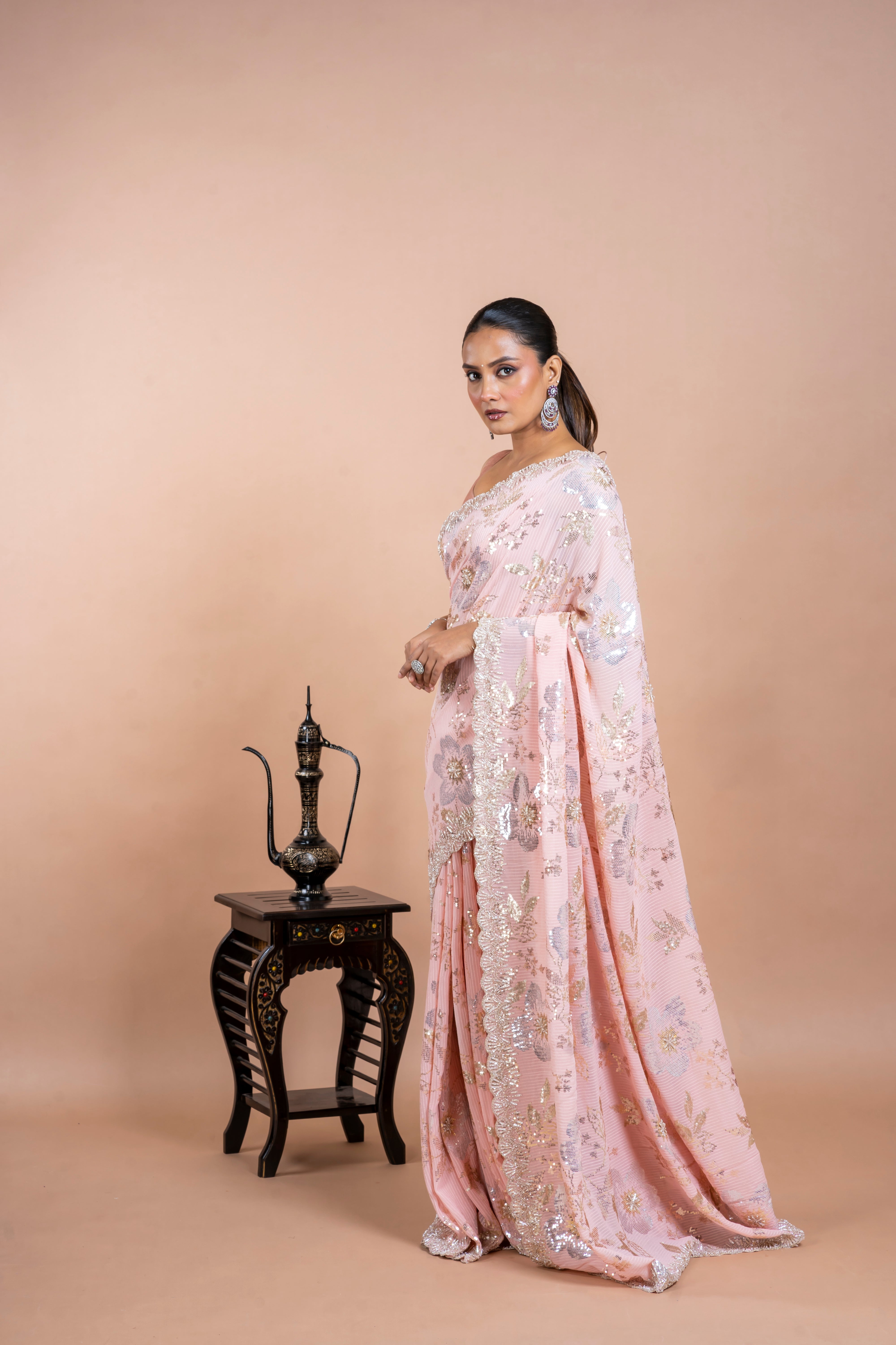 Light Pink Georgette Saree with Floral Sequins and Pearl Work Mokshaa