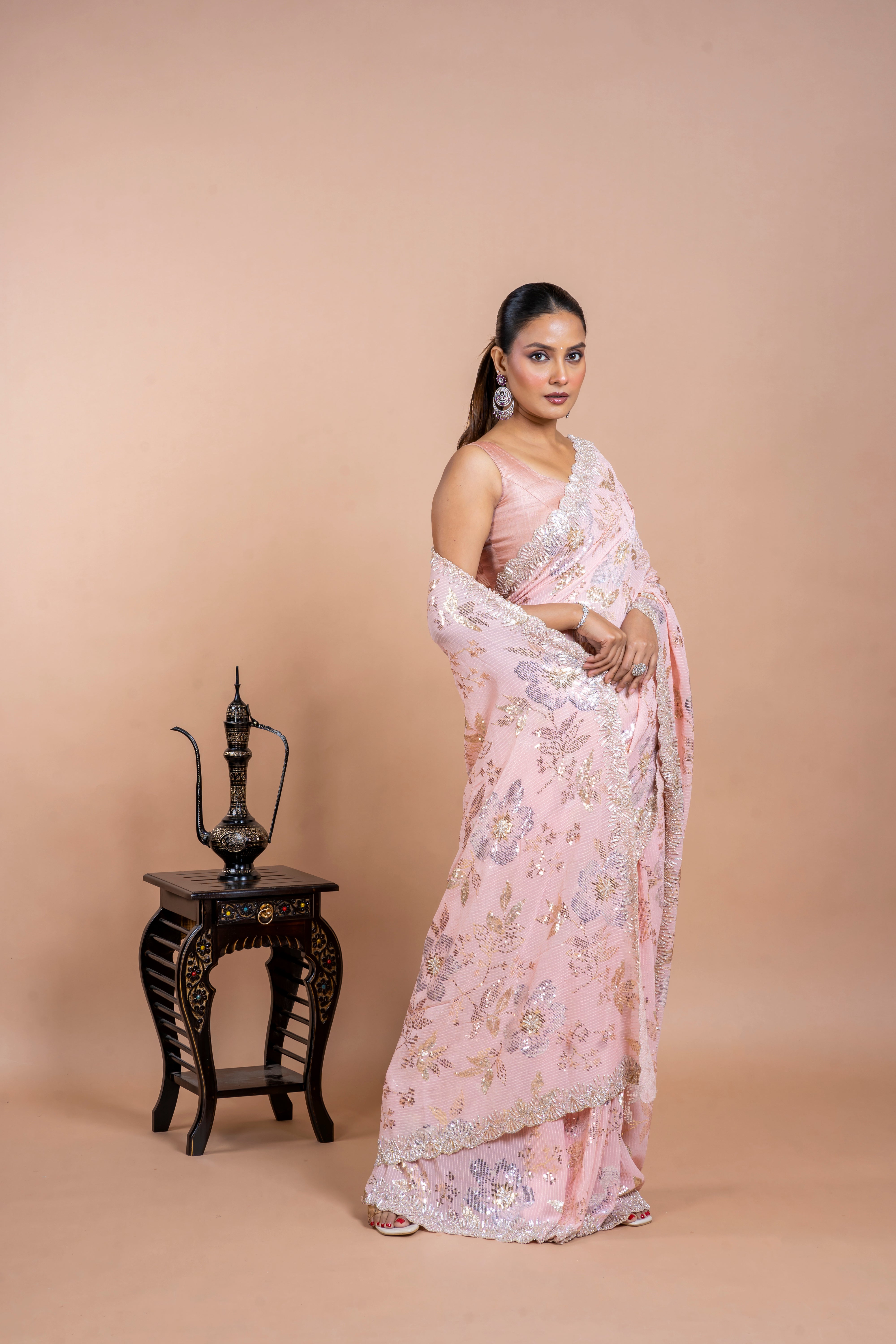 Light Pink Georgette Saree with Floral Sequins and Pearl Work Mokshaa