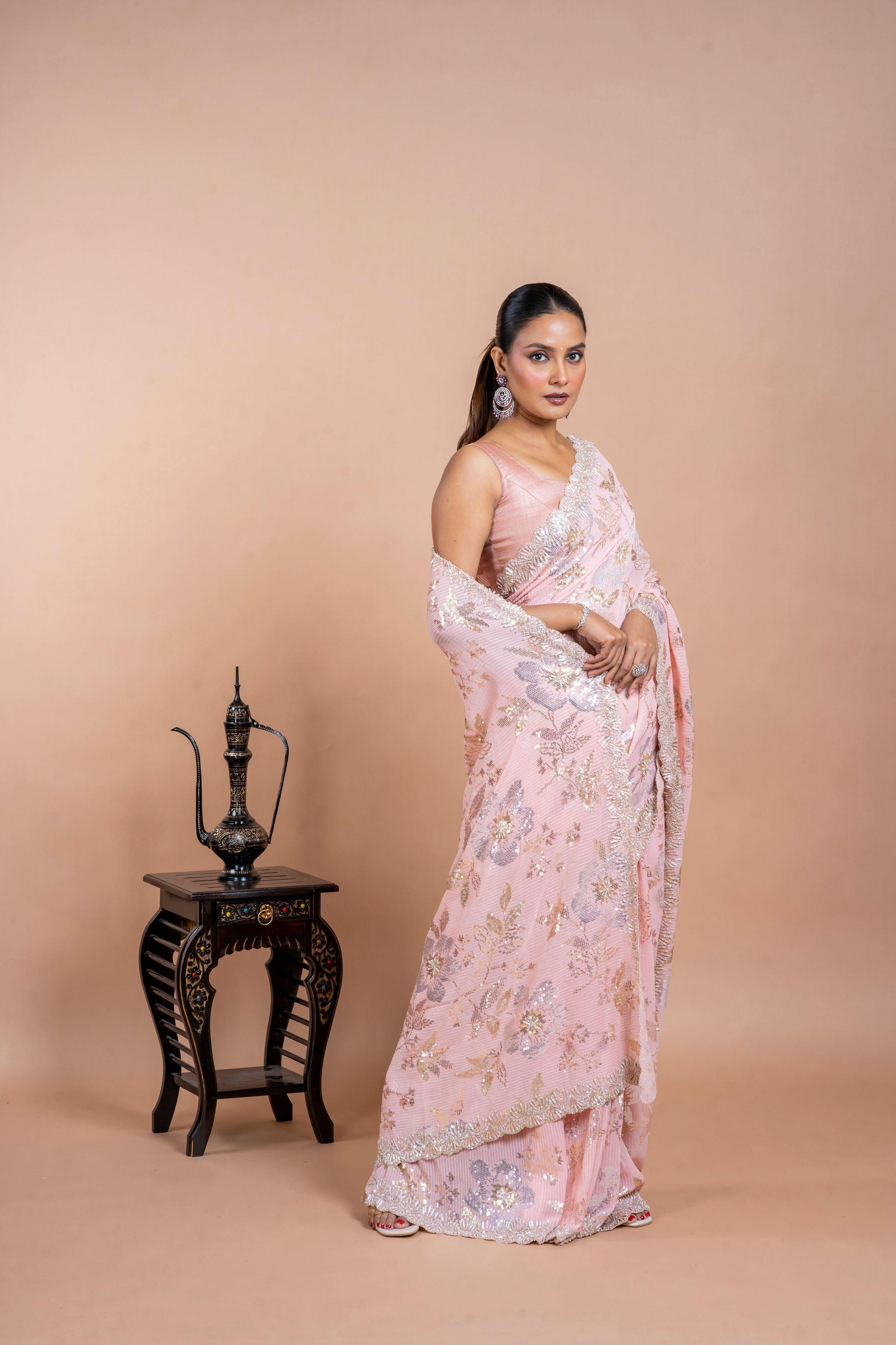 Light Pink Georgette Saree with Floral Sequins and Pearl Work Mokshaa
