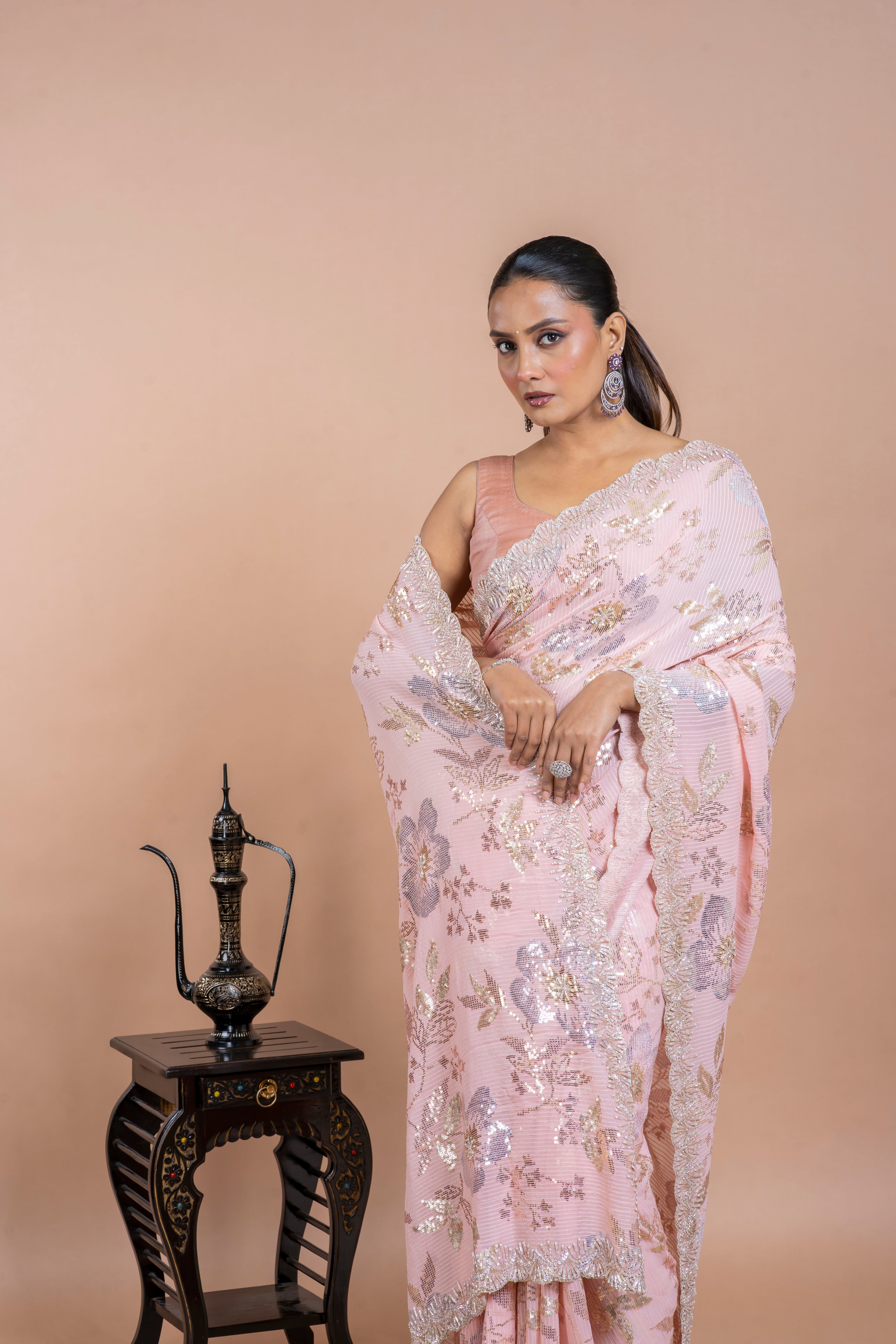 Light Pink Georgette Saree with Floral Sequins and Pearl Work Mokshaa