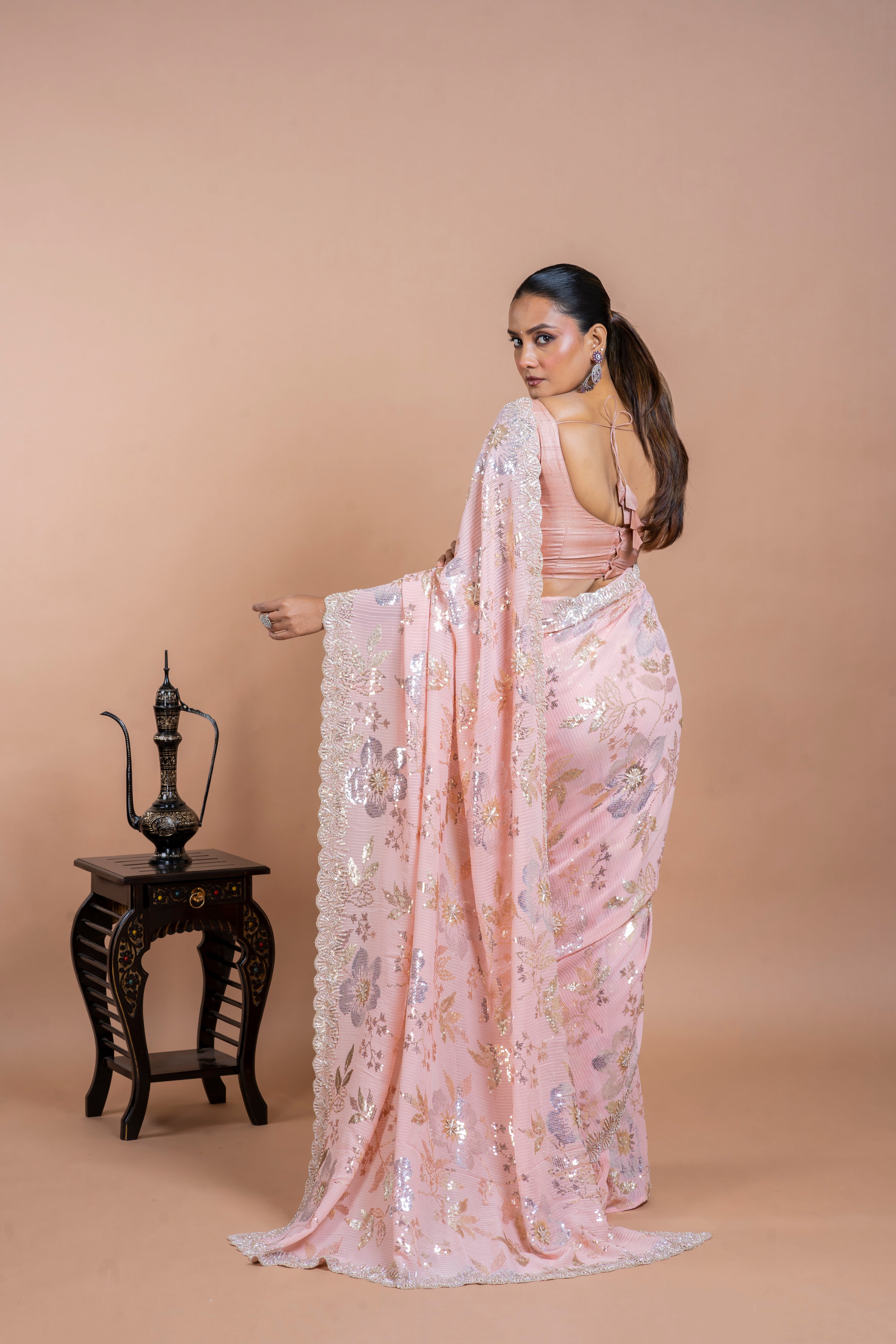 Light Pink Georgette Saree with Floral Sequins and Pearl Work Mokshaa