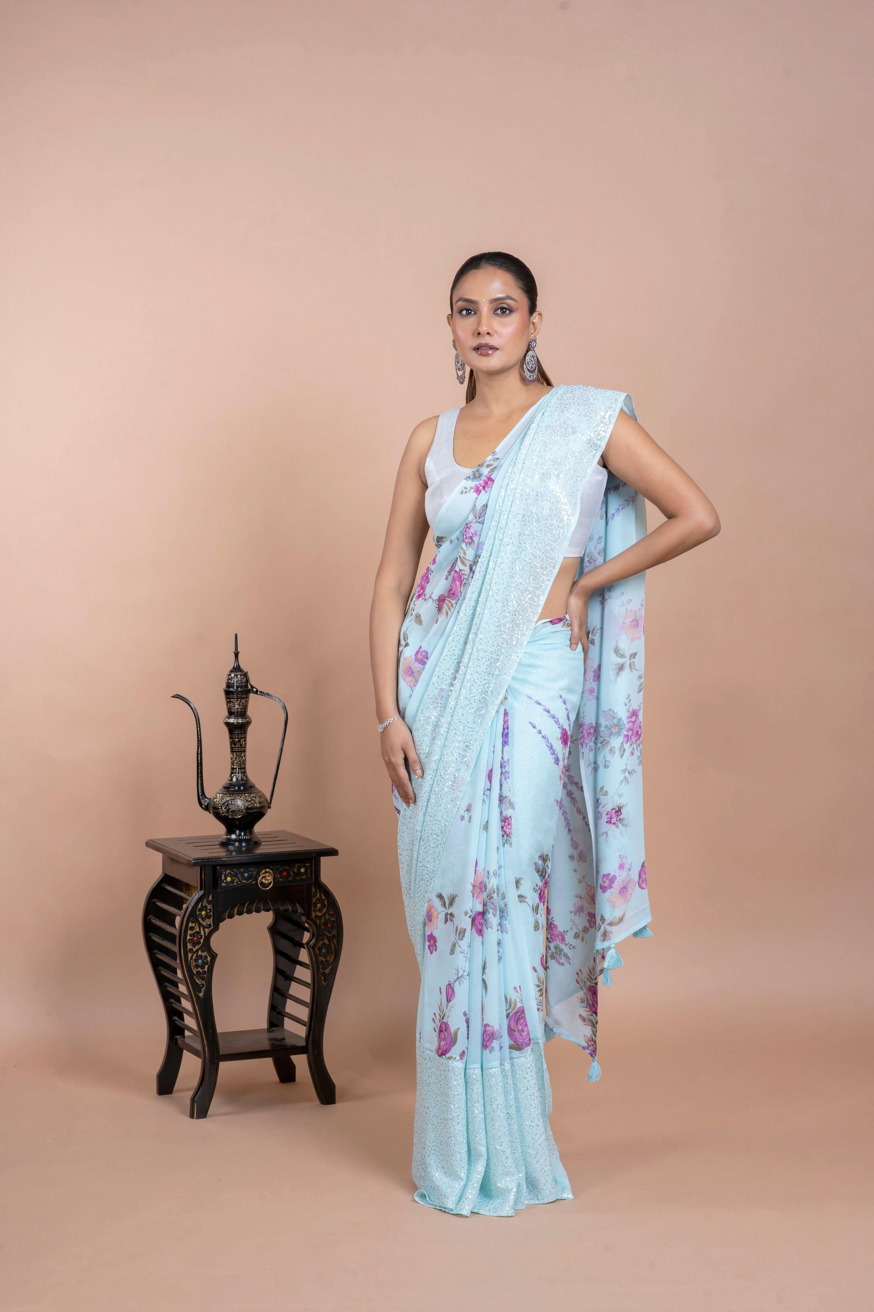 Light Blue Georgette Saree with Digital Print and Sequins Border  Mokshaa