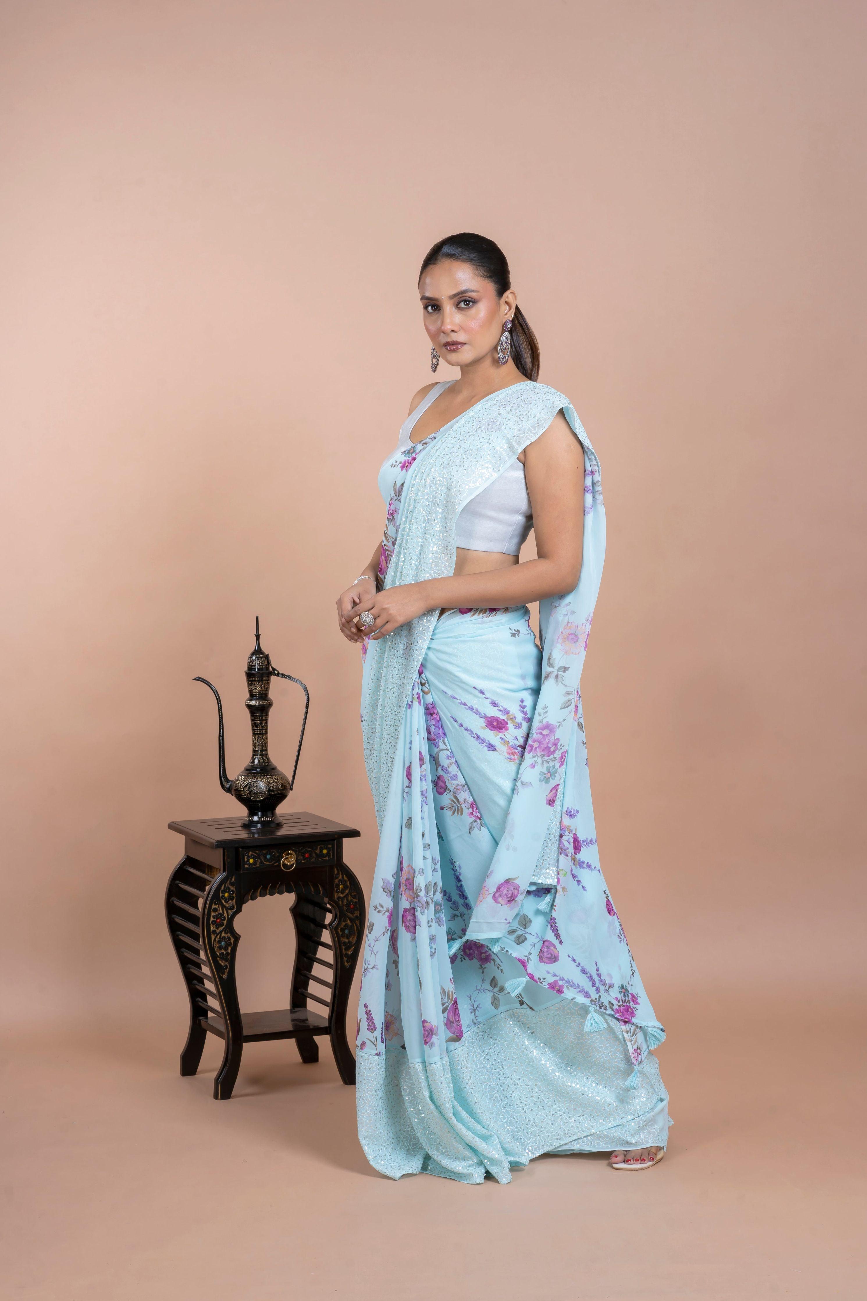 Light Blue Georgette Saree with Digital Print and Sequins Border  Mokshaa