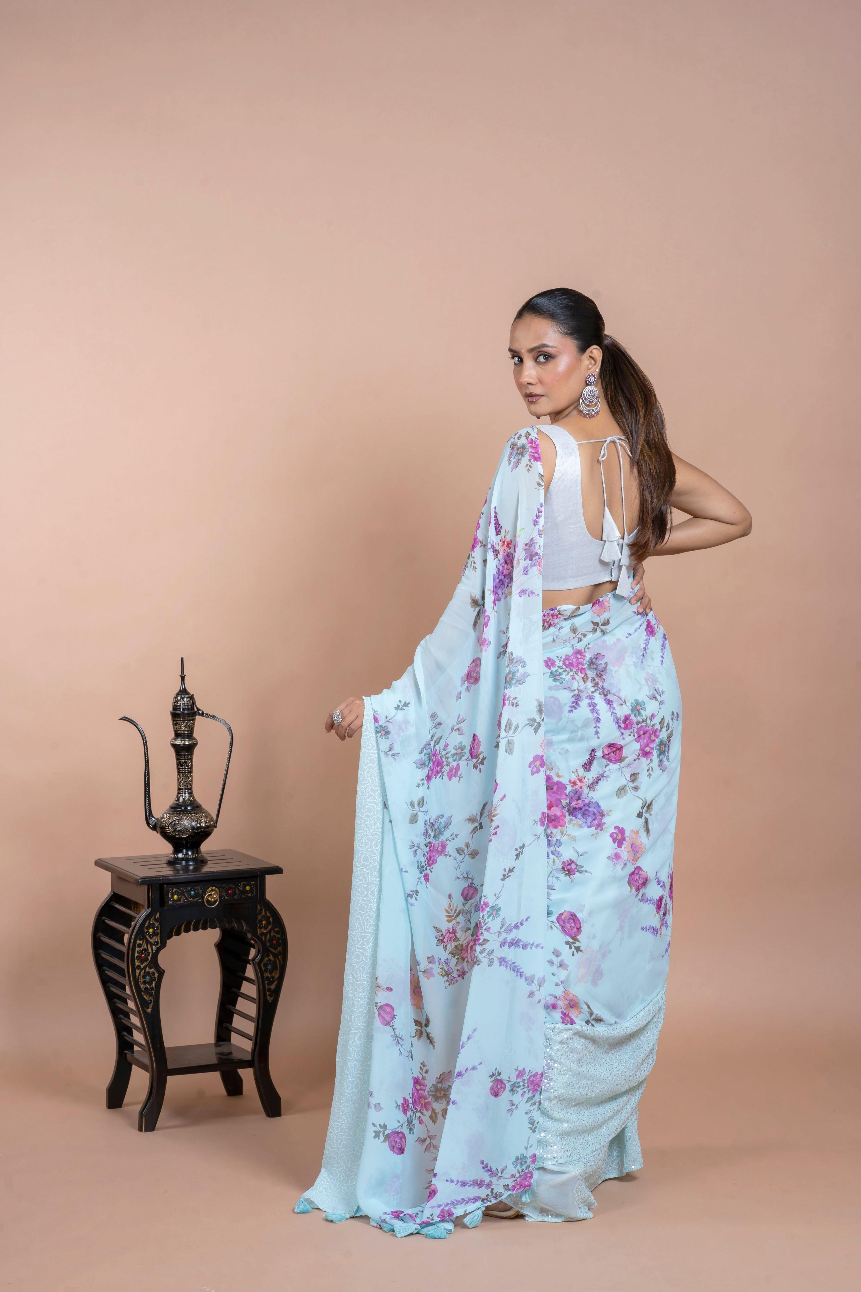 Light Blue Georgette Saree with Digital Print and Sequins Border  Mokshaa