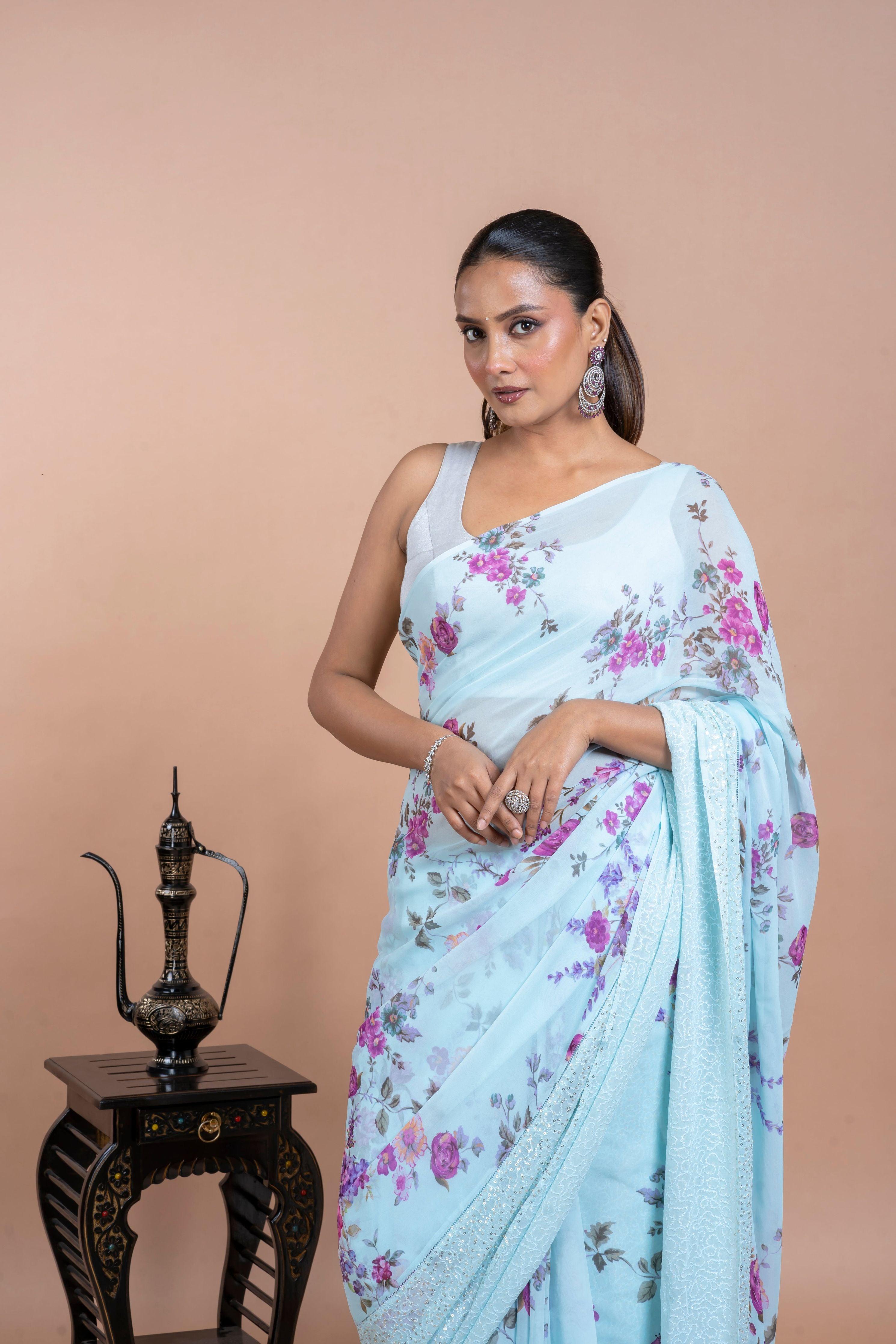 Light Blue Georgette Saree with Digital Print and Sequins Border  Mokshaa