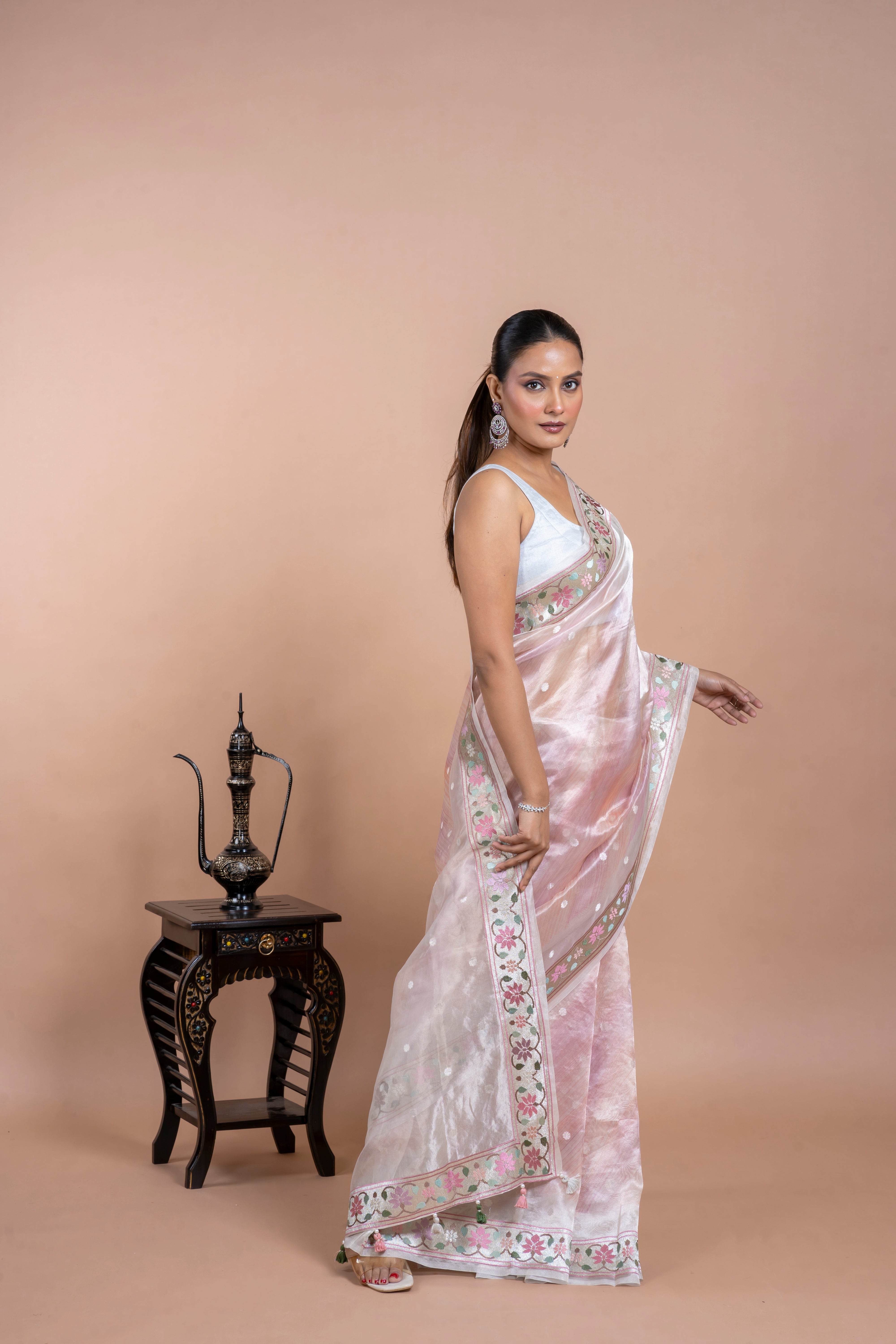 Silver Tissue Organza Saree with Zari Motifs and Thread Border Mokshaa