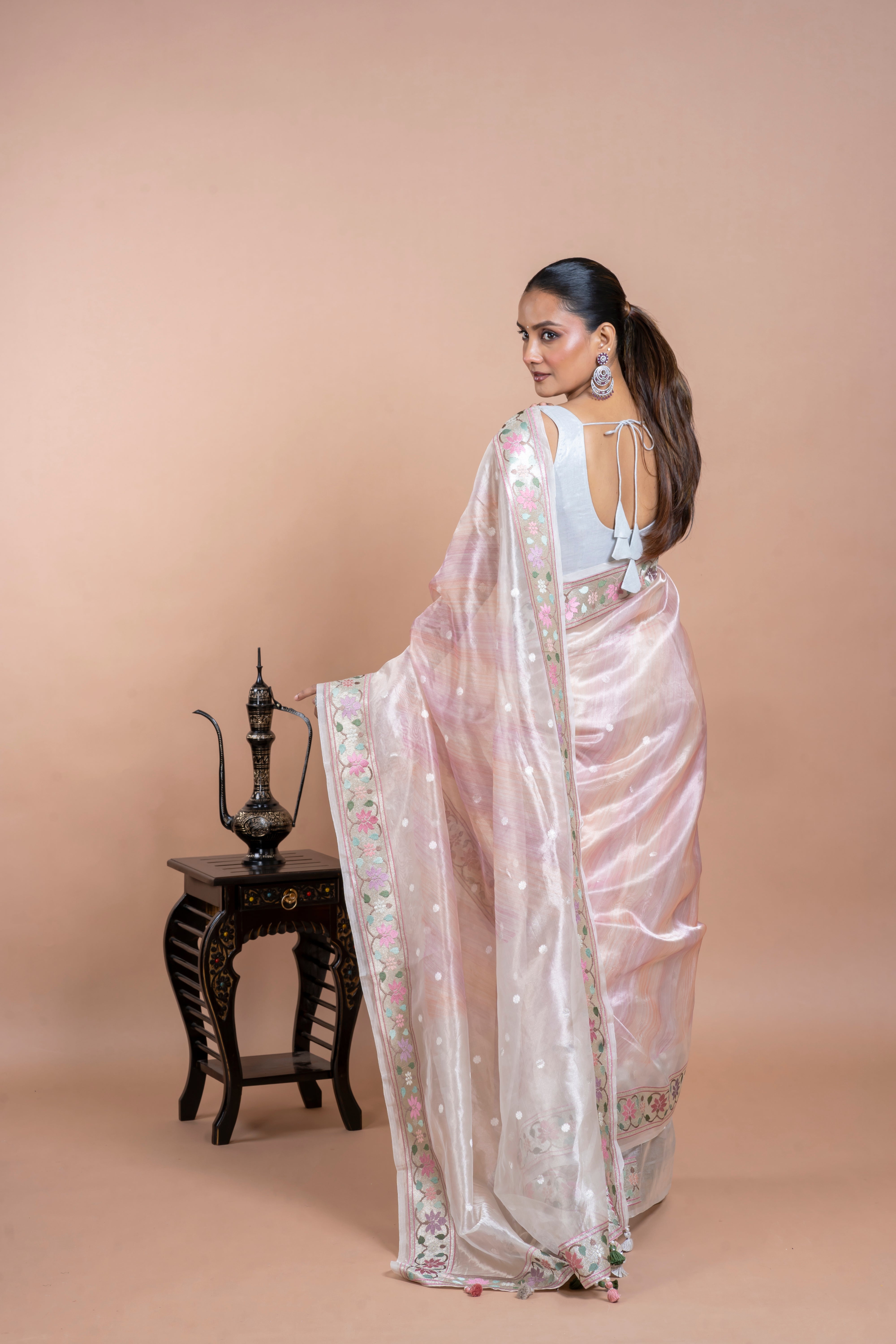 Silver Tissue Organza Saree with Zari Motifs and Thread Border Mokshaa