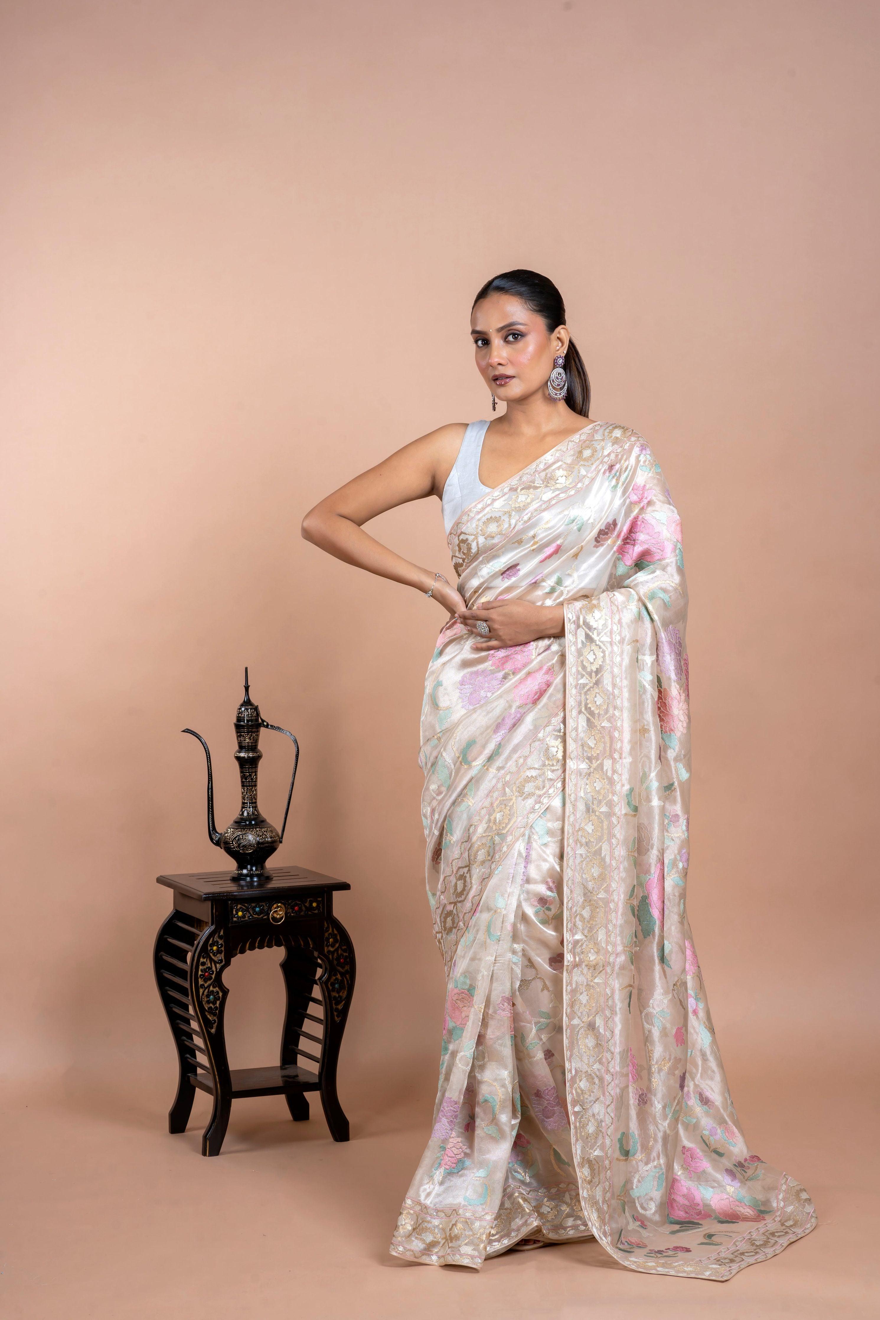 Taupe Gold Tissue Organza Saree with Zari and Multi-Thread Work Mokshaa