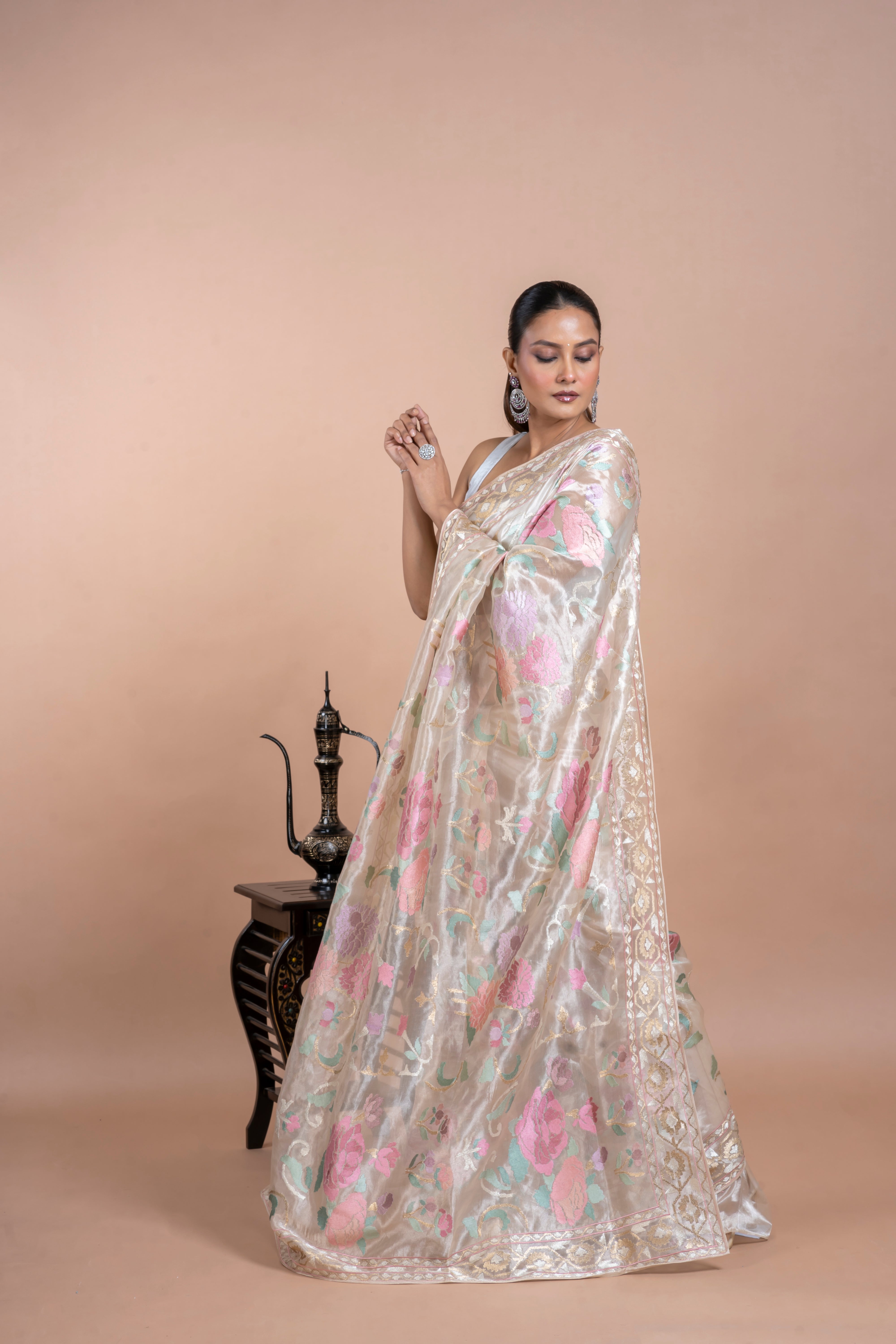 Taupe Gold Tissue Organza Saree with Zari and Multi-Thread Work Mokshaa