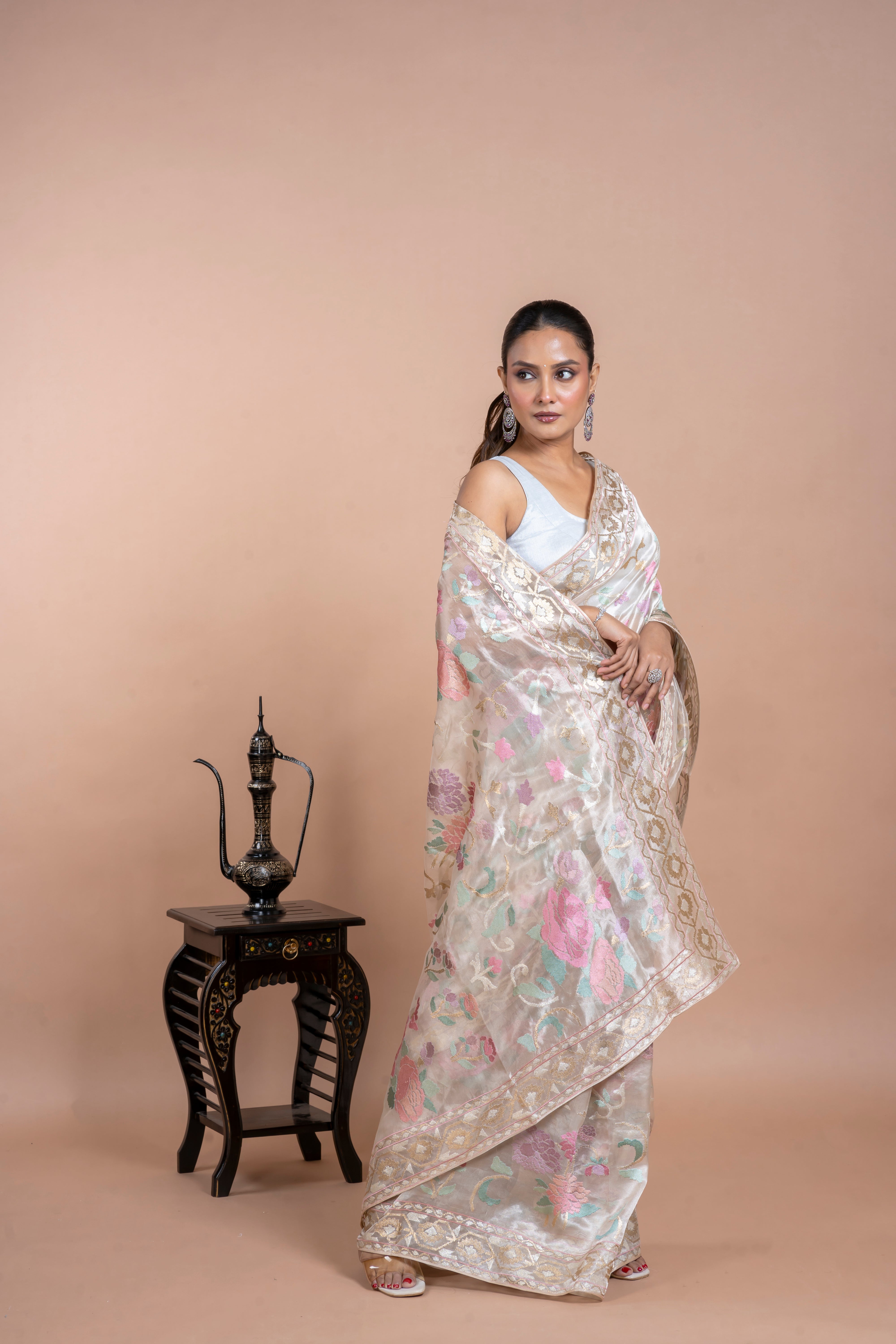 Taupe Gold Tissue Organza Saree with Zari and Multi-Thread Work Mokshaa