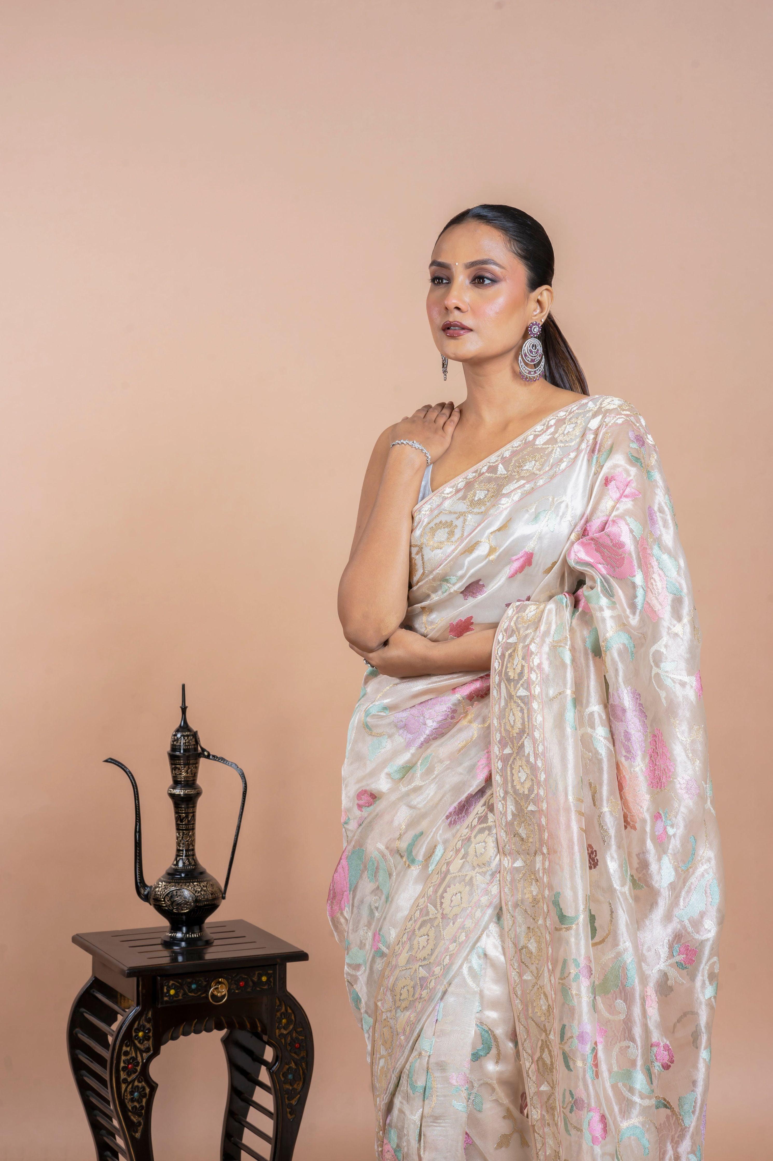 Taupe Gold Tissue Organza Saree with Zari and Multi-Thread Work Mokshaa