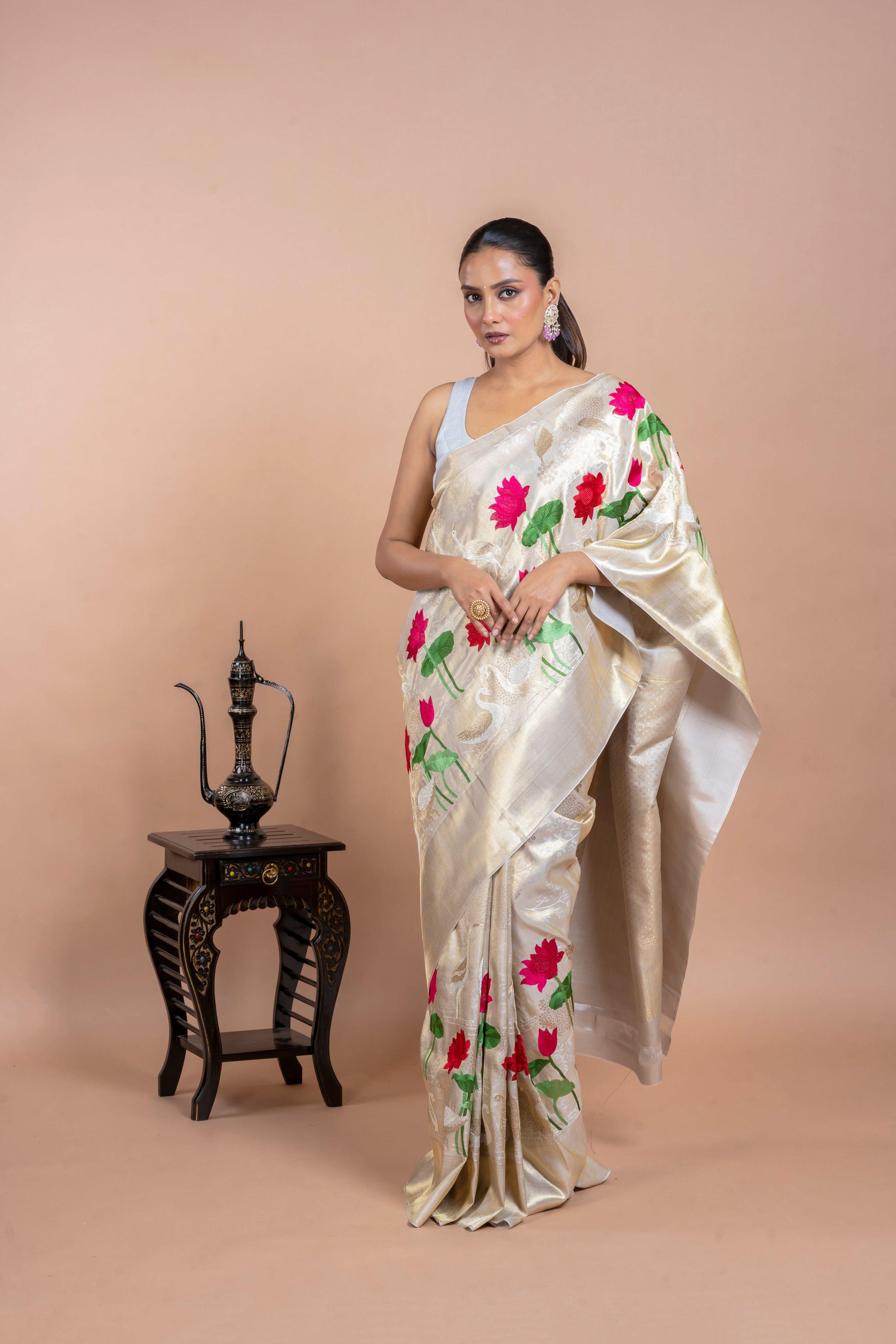 Half White Silk Saree with Zari Weaving and Thread Embroidery Mokshaa